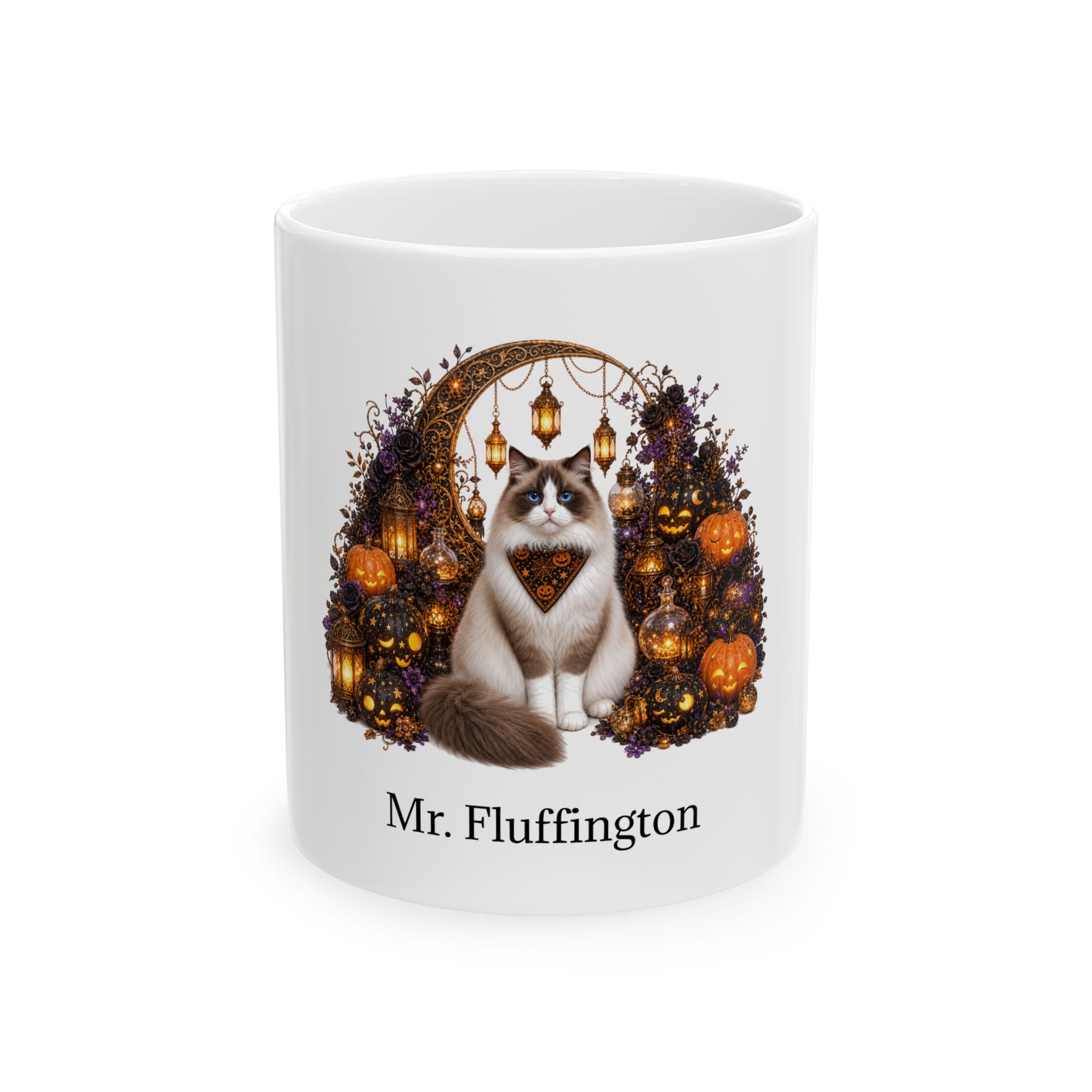 Personalized Ragdoll cat Halloween mug, 11oz white ceramic, with custom pet name on front