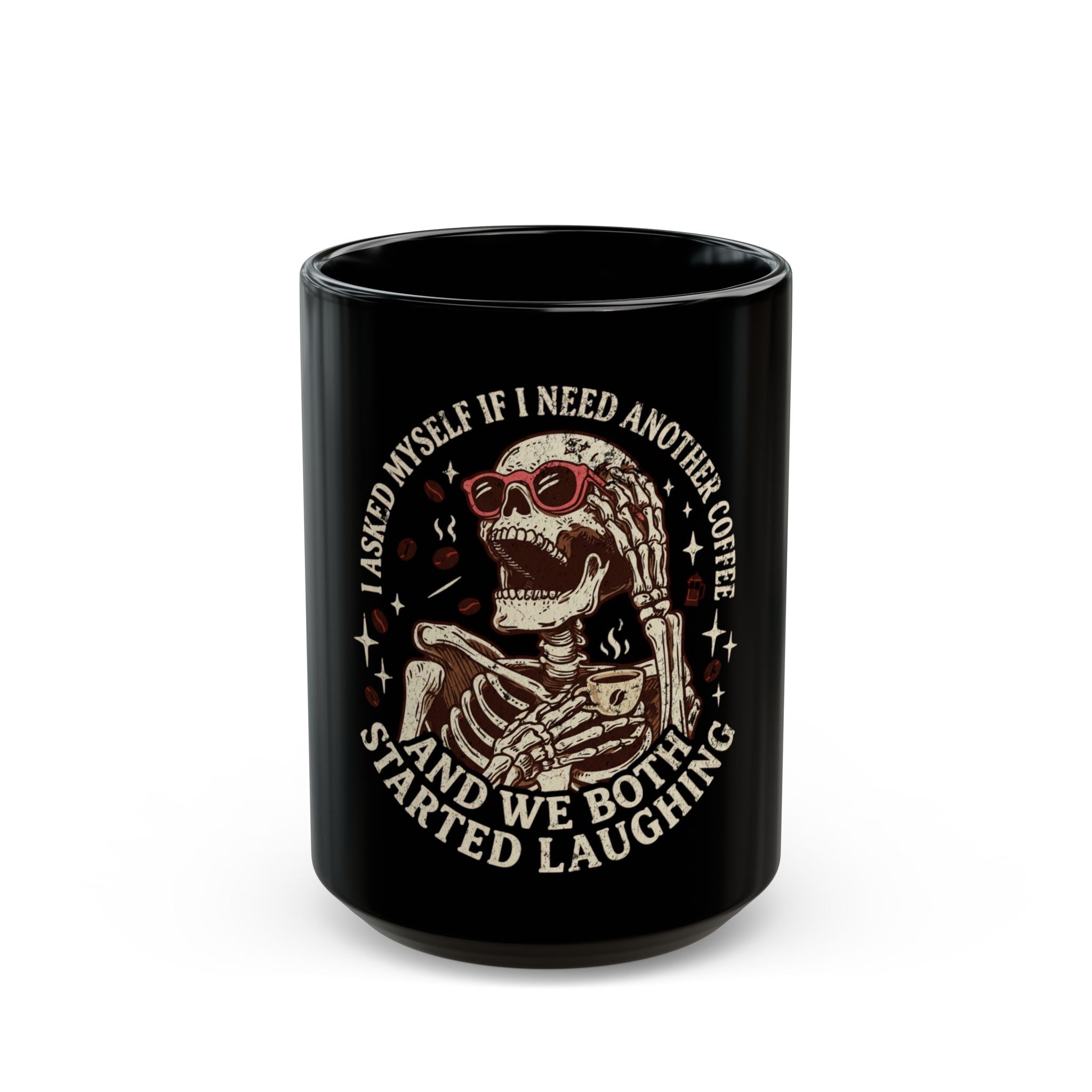 Black ceramic mug featuring a skeleton wearing sunglasses and holding a coffee cup.