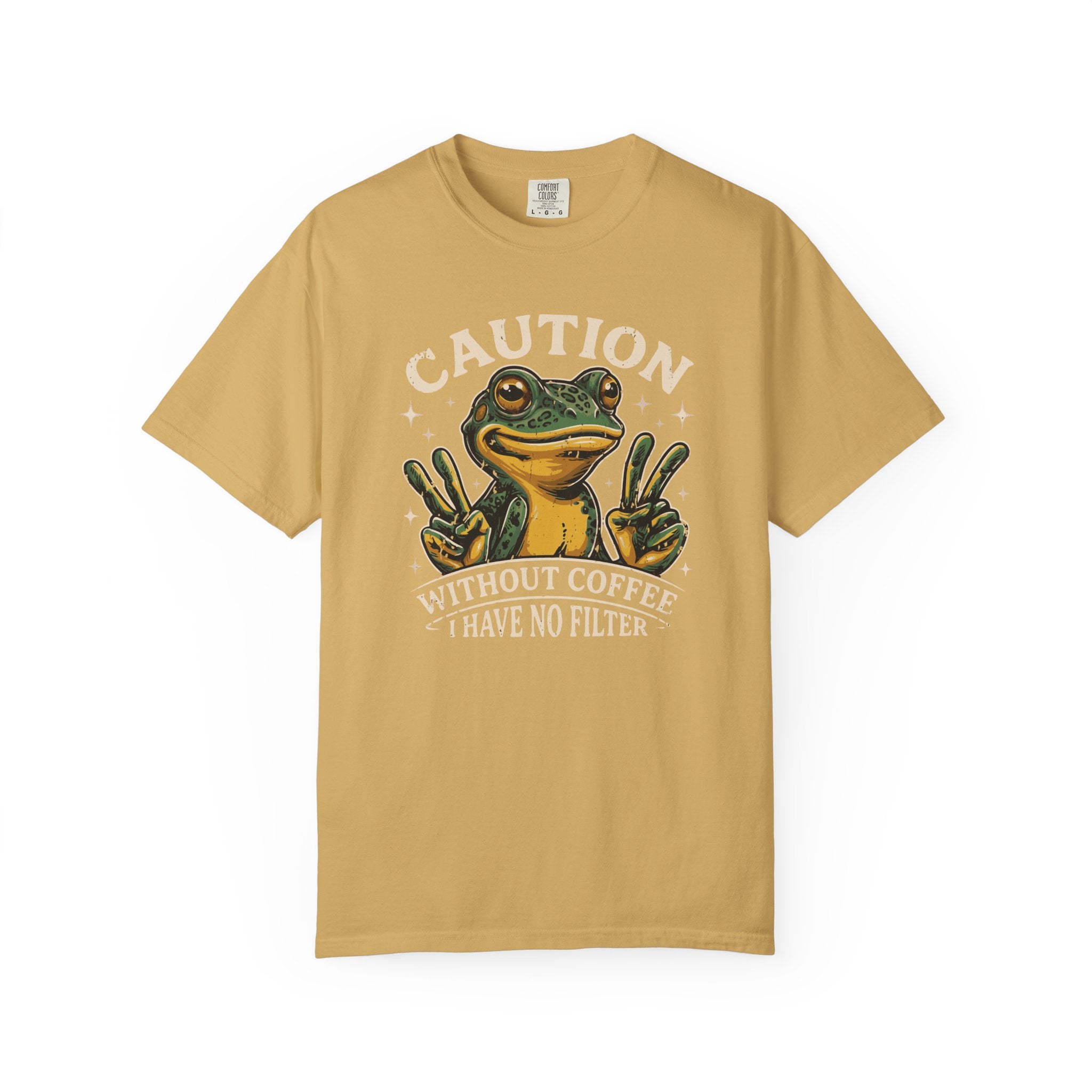 Mustard yellow t-shirt featuring a graphic of a frog making peace signs with the text Caution.