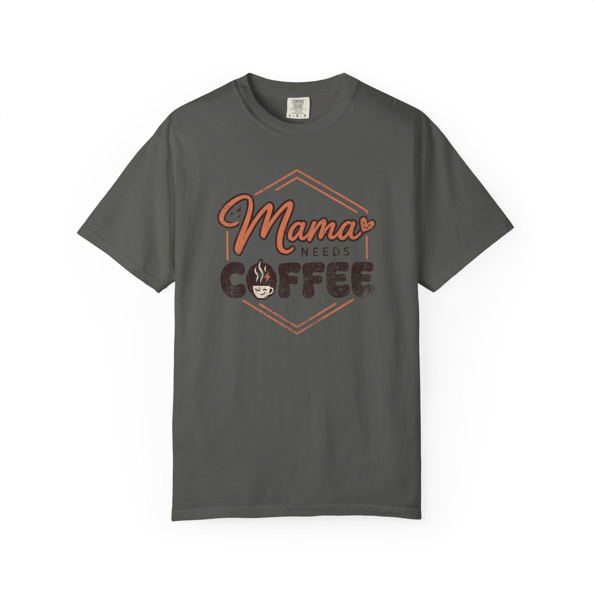 Charcoal grey unisex t-shirt with a distressed Mama Needs Coffee graphic print.