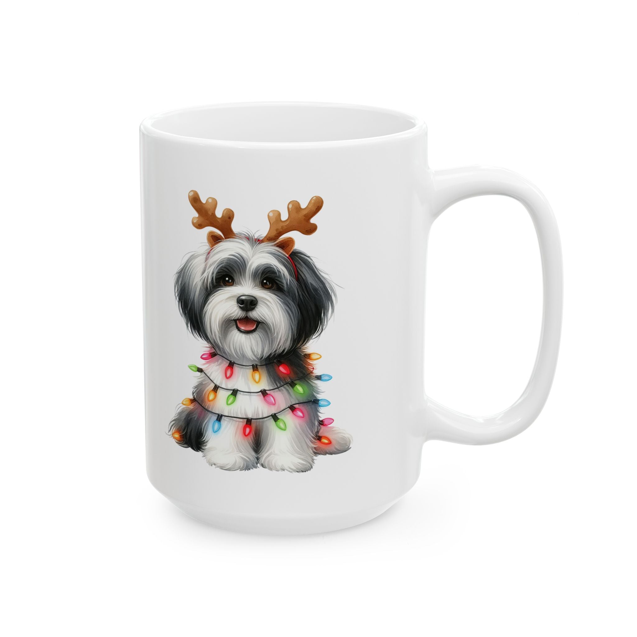 White ceramic mug with a Havanese dog wearing reindeer antlers and Christmas lights.