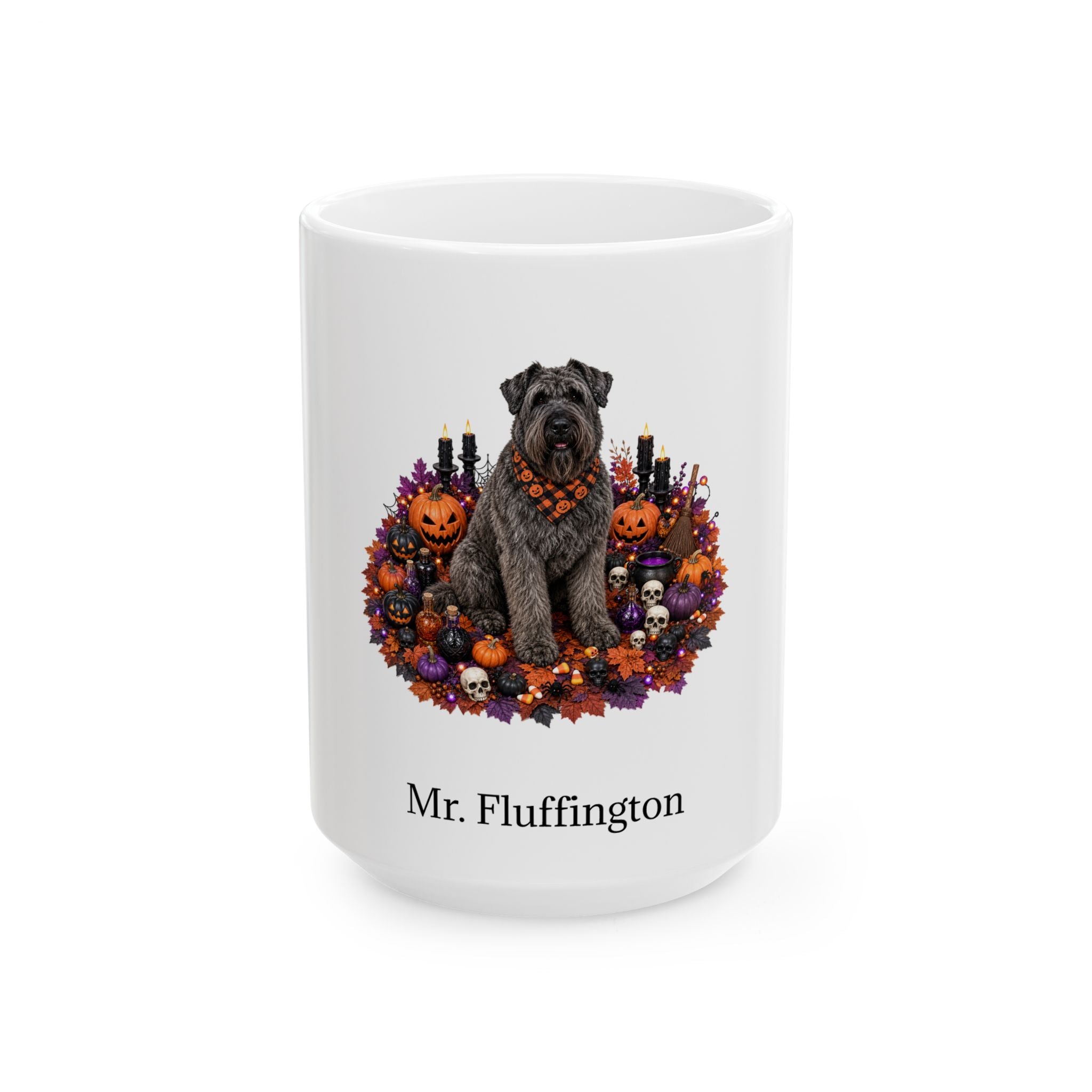 Personalized Bouvier des Flandres dog Halloween mug, 11oz white ceramic, with custom pet name on front