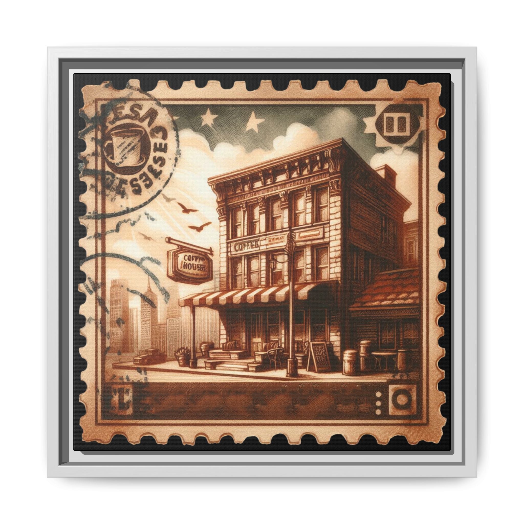 Vintage Postage Stamp Cityscape Framed Canvas Print | 14x14 Pine Frame