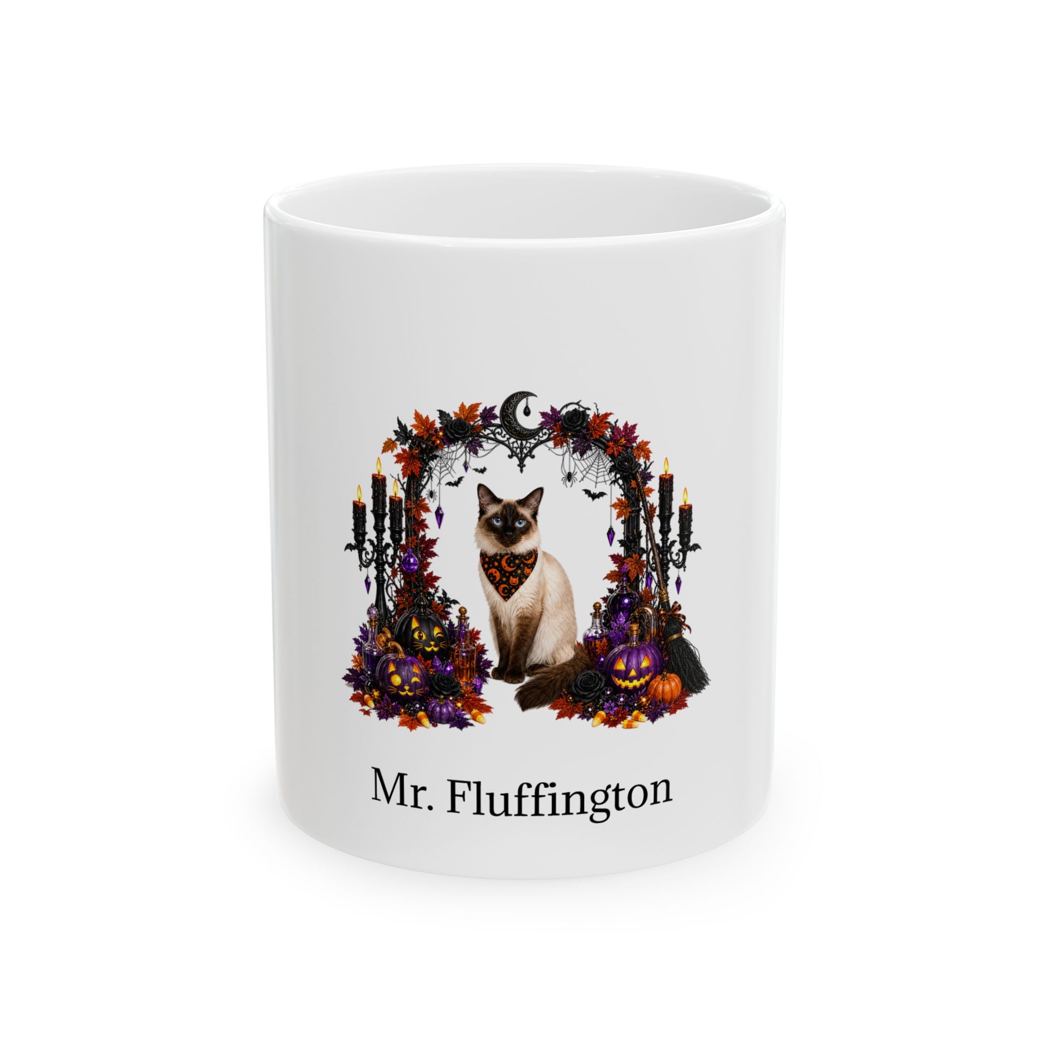 Personalized Balinese cat Halloween mug, 11oz white ceramic, with custom pet name on front