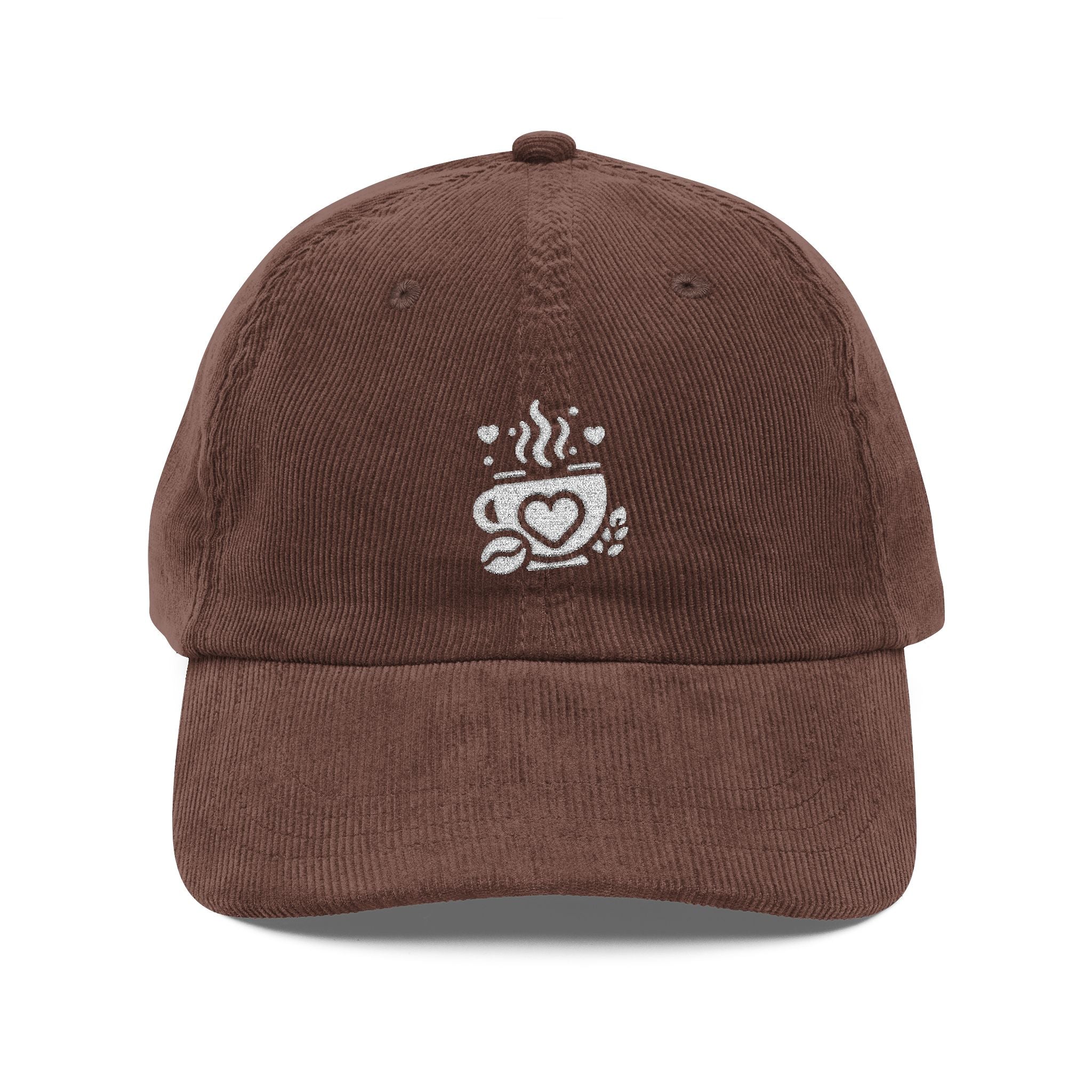 Brown corduroy baseball cap with an embroidered white coffee cup logo featuring a heart design.