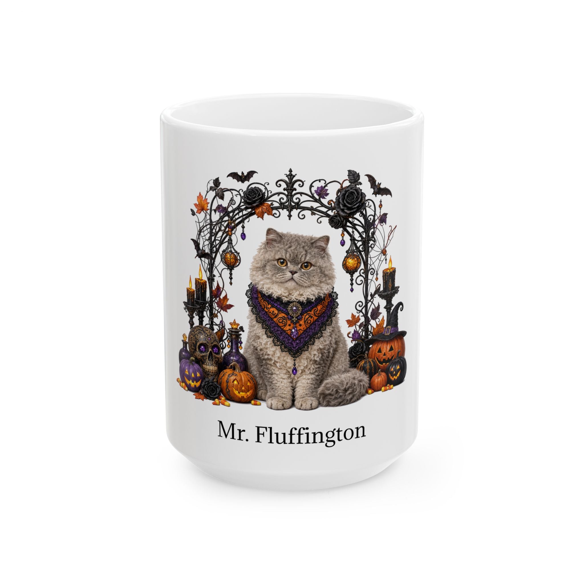 Angled Selkirk Rex cat Halloween mug with personalized pet name and fall design — image 3