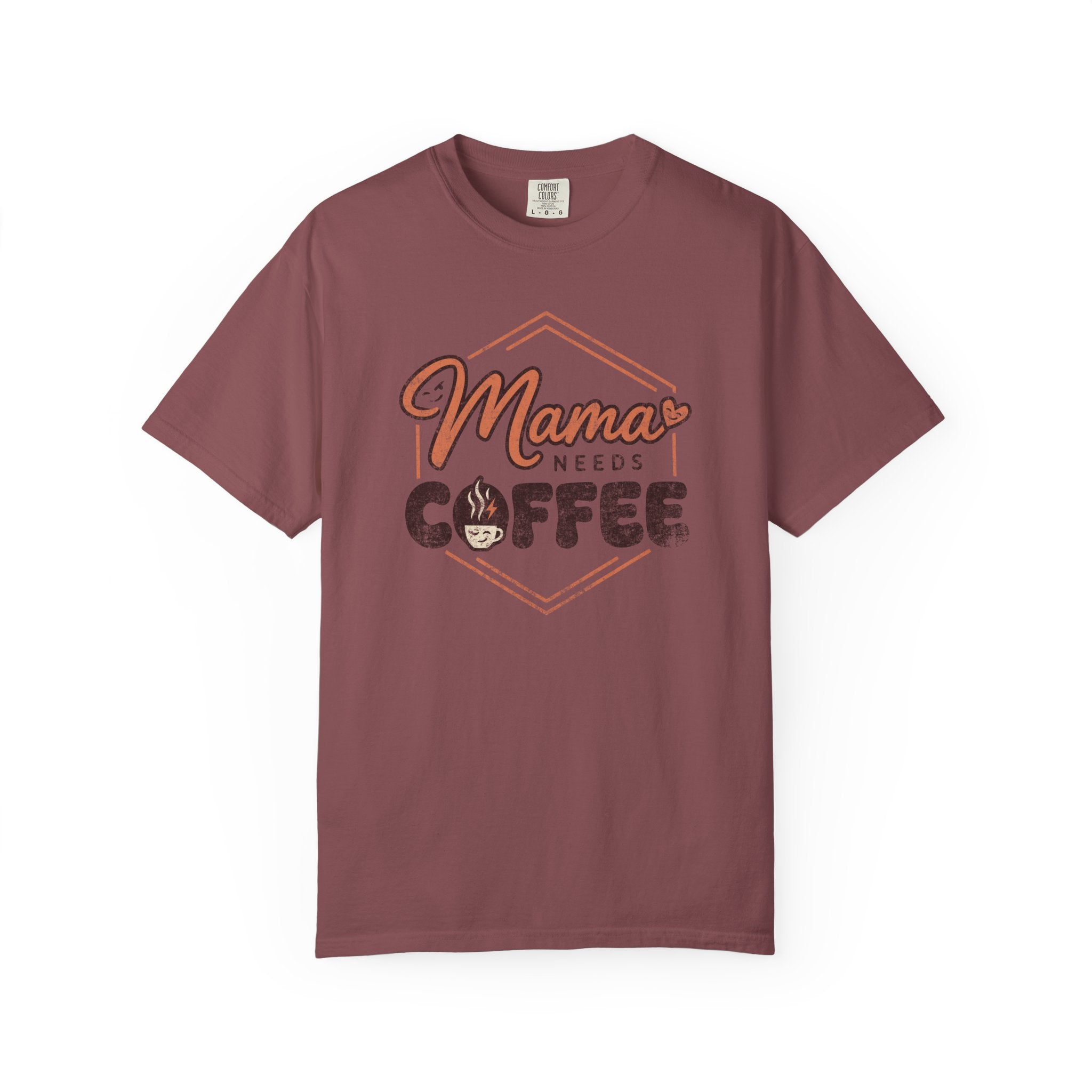A maroon unisex t-shirt featuring a distressed graphic that says Mama Needs Coffee.
