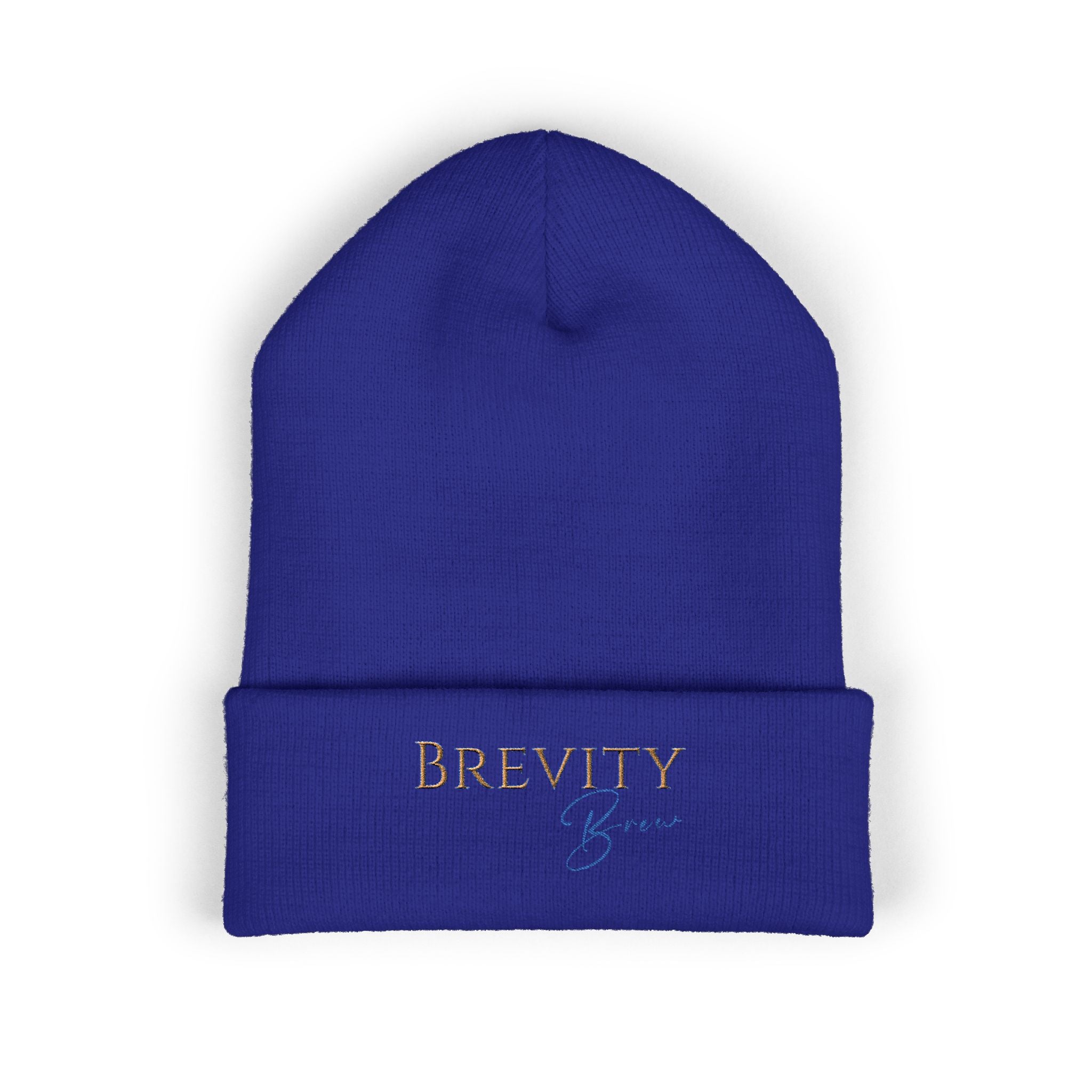 A royal blue cuffed beanie with "BREVITY Brew" embroidered in gold and blue.