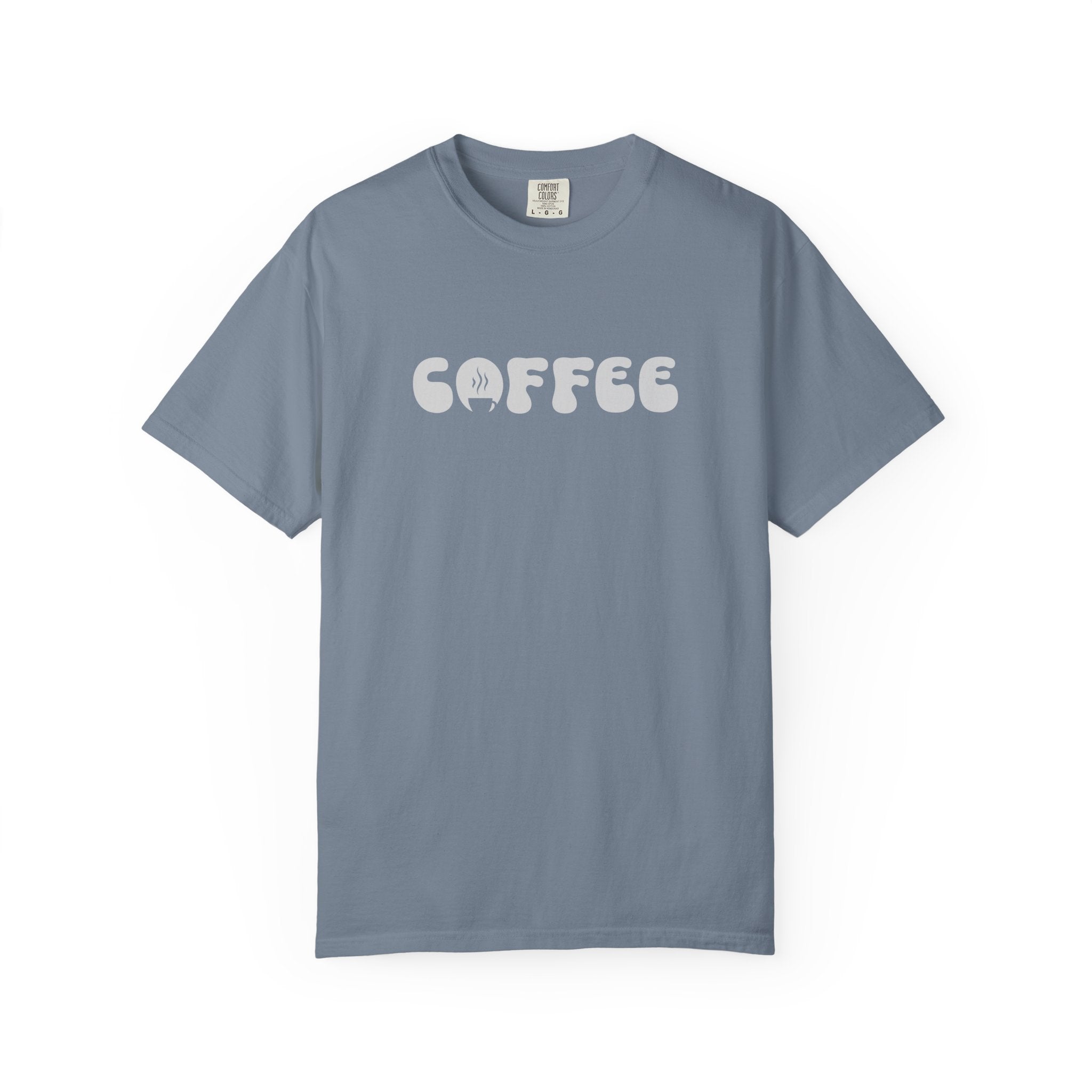 A blue short-sleeve cotton t-shirt featuring the word COFFEE in a white retro bubble font.