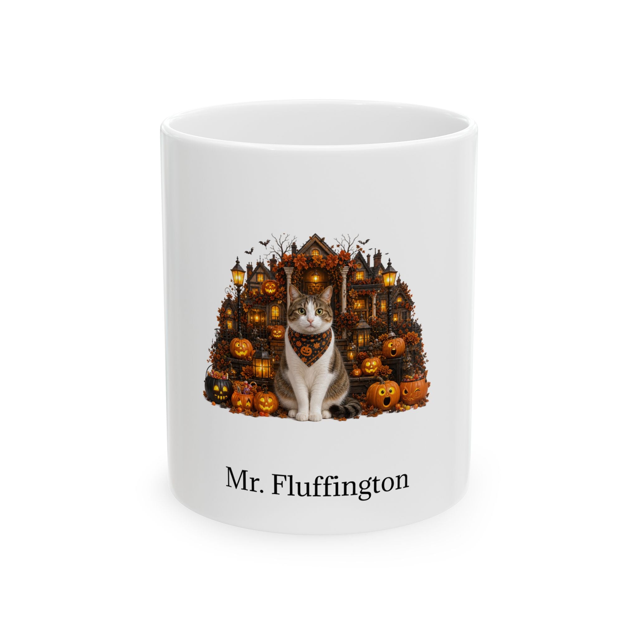 Personalized Domestic Shorthair cat Halloween mug, 11oz white ceramic, with custom pet name on front