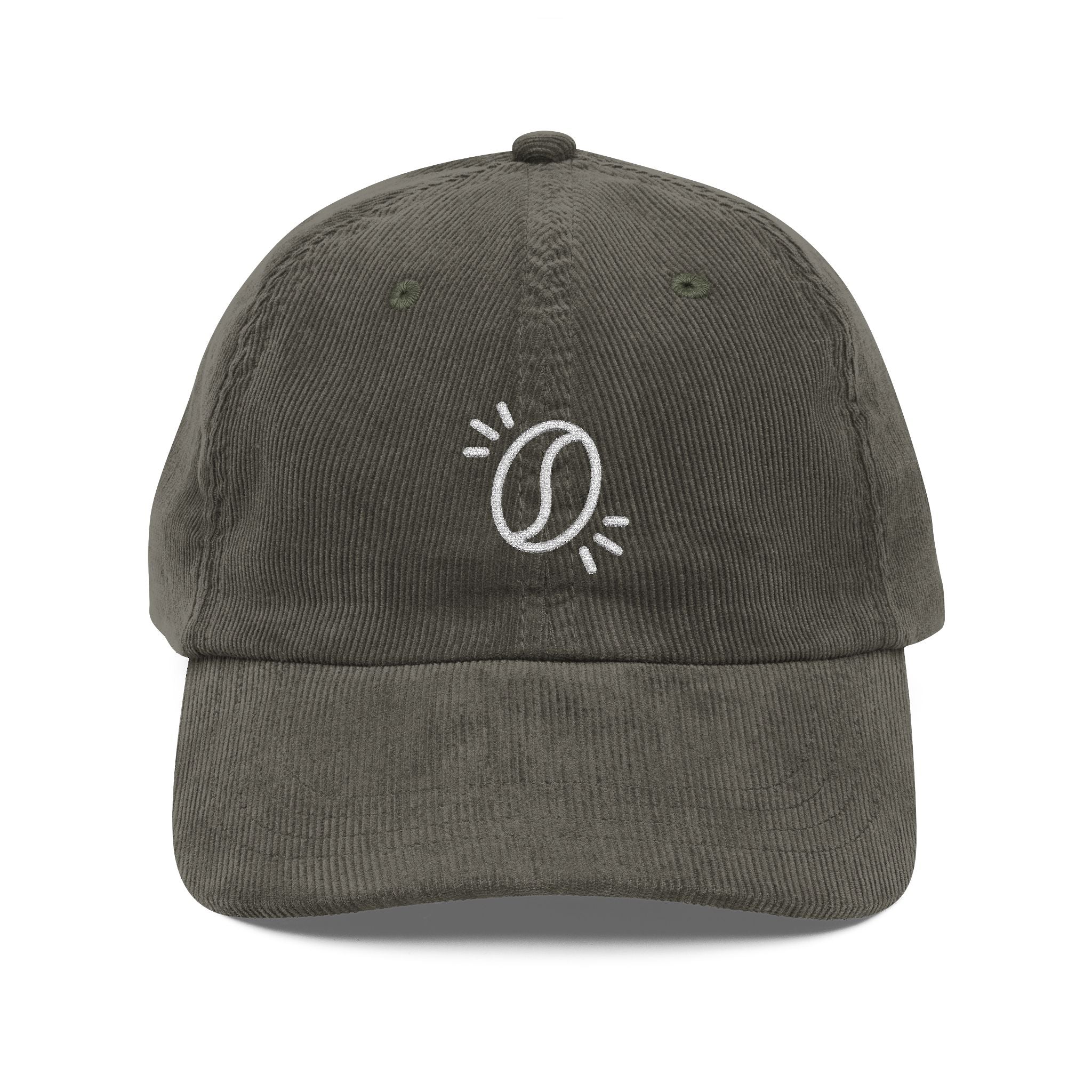 A dark olive green corduroy dad hat featuring an embroidered white coffee bean icon on the front.