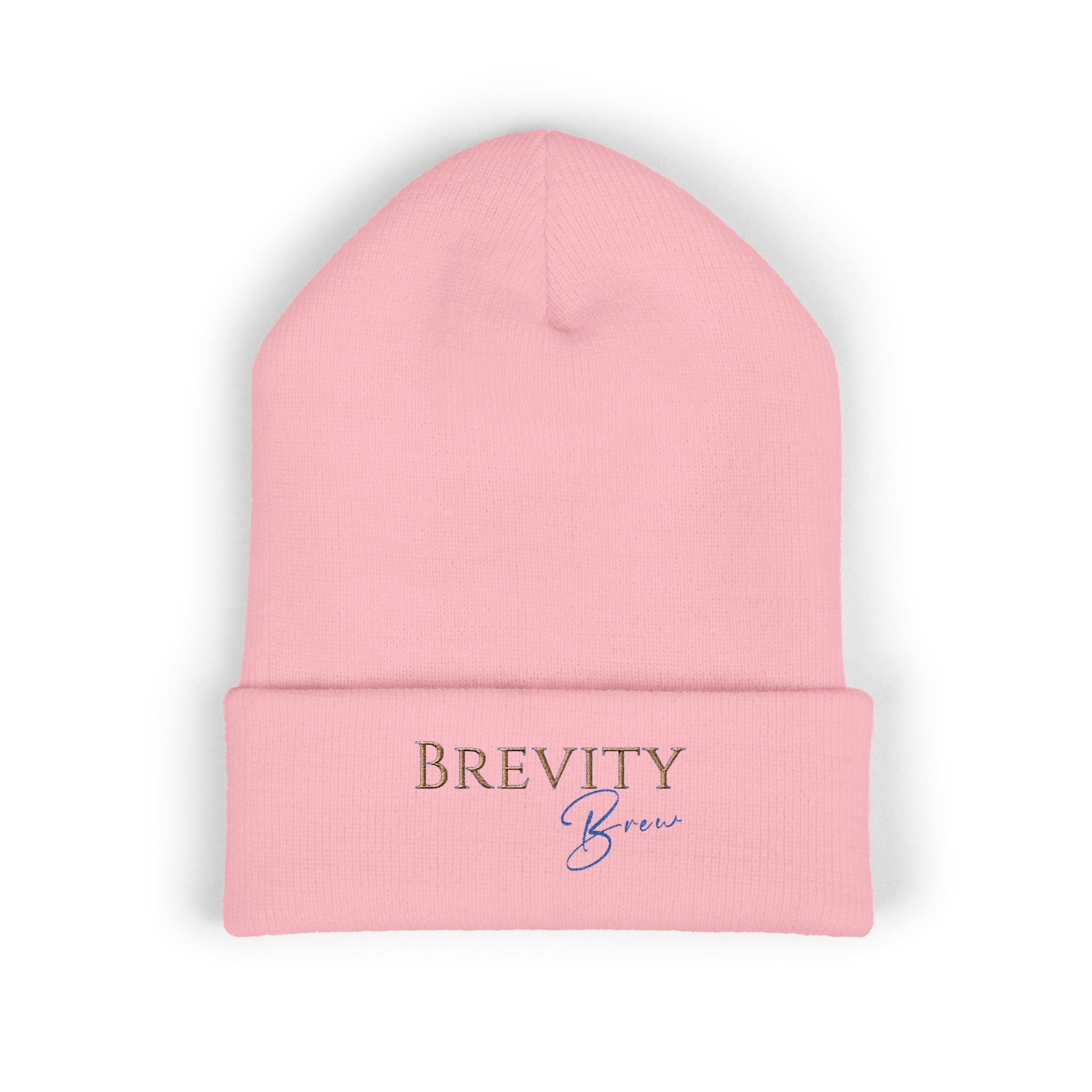 A light pink cuffed beanie with "Brevity Brew" embroidered on the cuff.