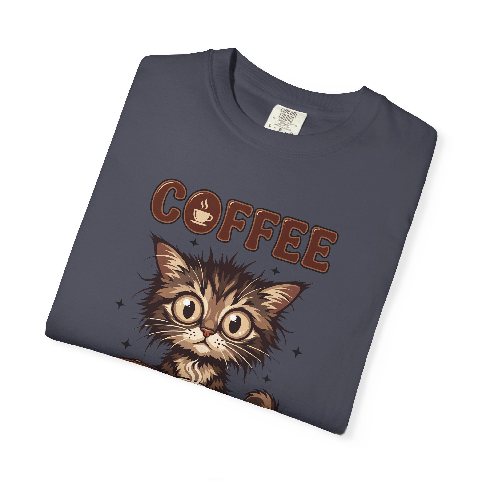 Dark grey unisex cotton t-shirt featuring a graphic of a wide-eyed, fluffy kitten and coffee text.
