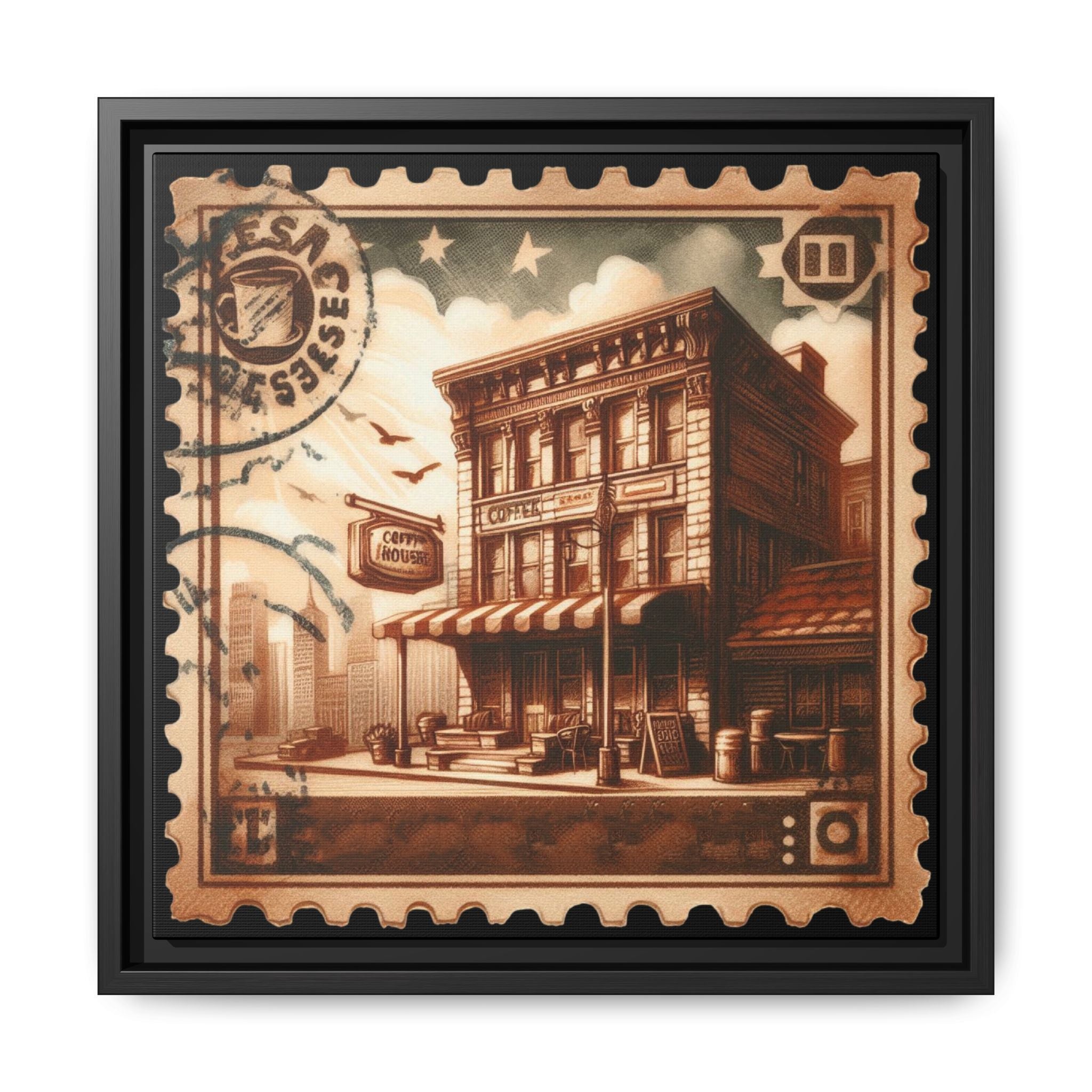 Vintage Postage Stamp Cityscape Framed Canvas Print | 14x14 Pine Frame