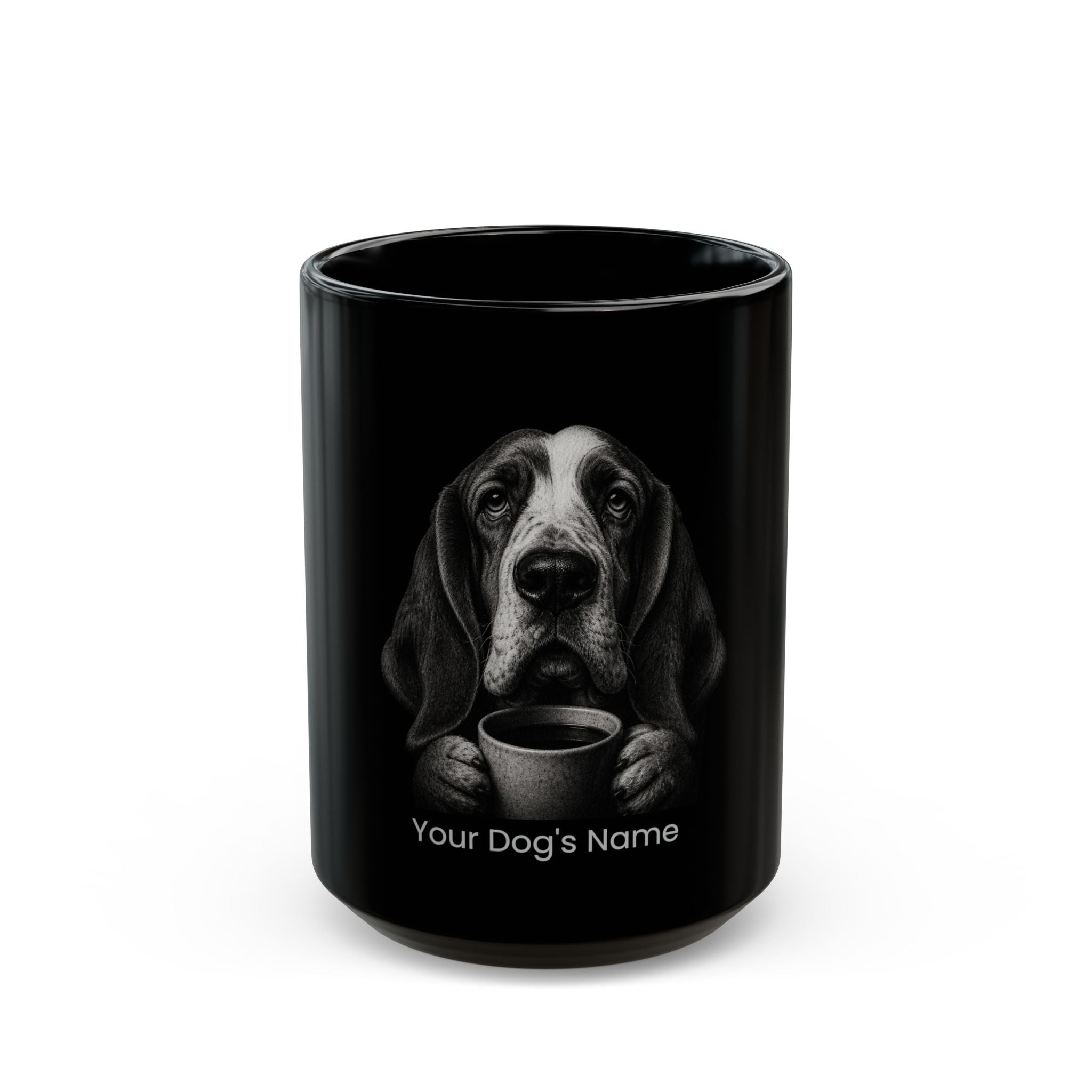 Personalized Basset Hound black ceramic coffee mug with custom dog name