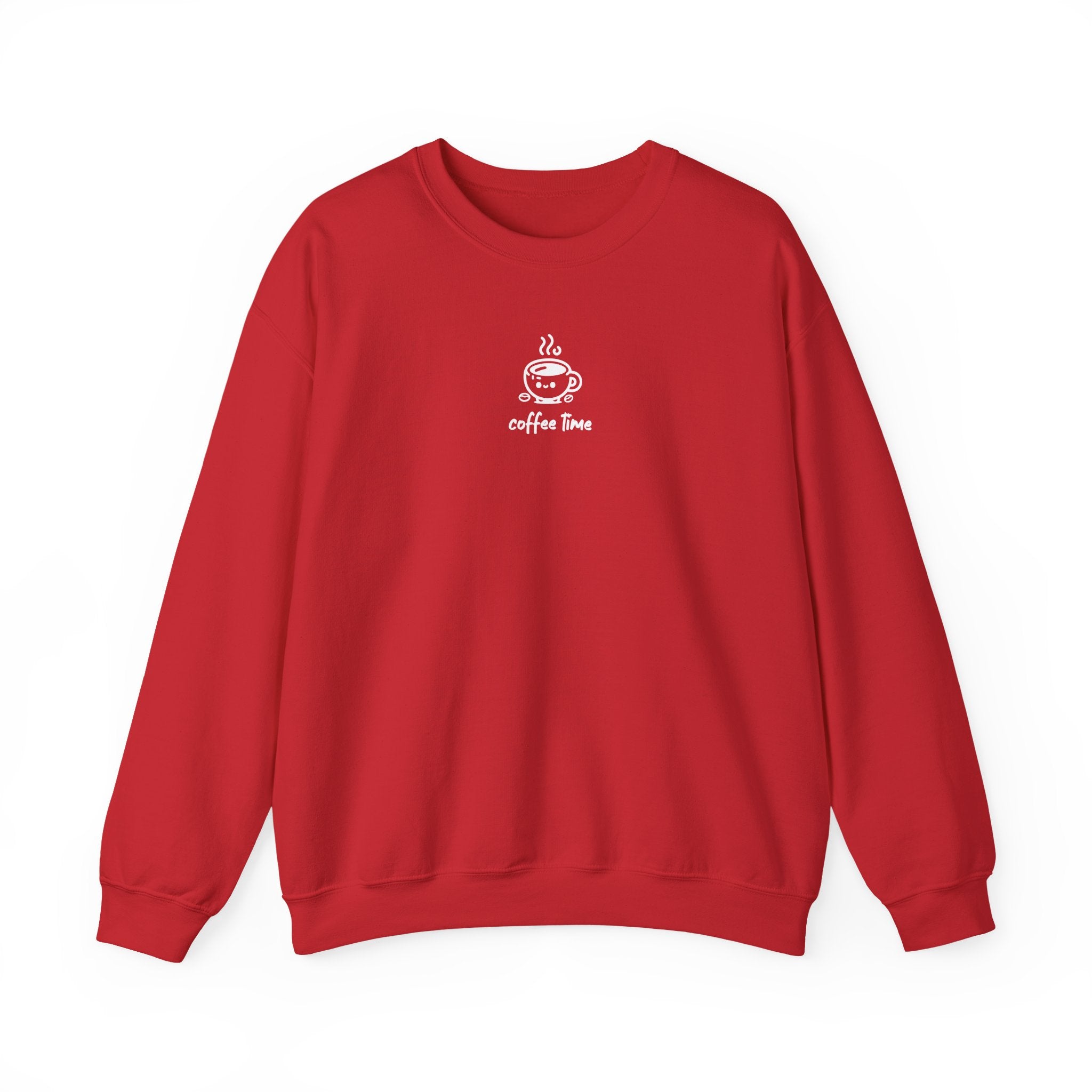 A red crewneck sweatshirt featuring a small white graphic of a smiling coffee cup and the text coffee time.