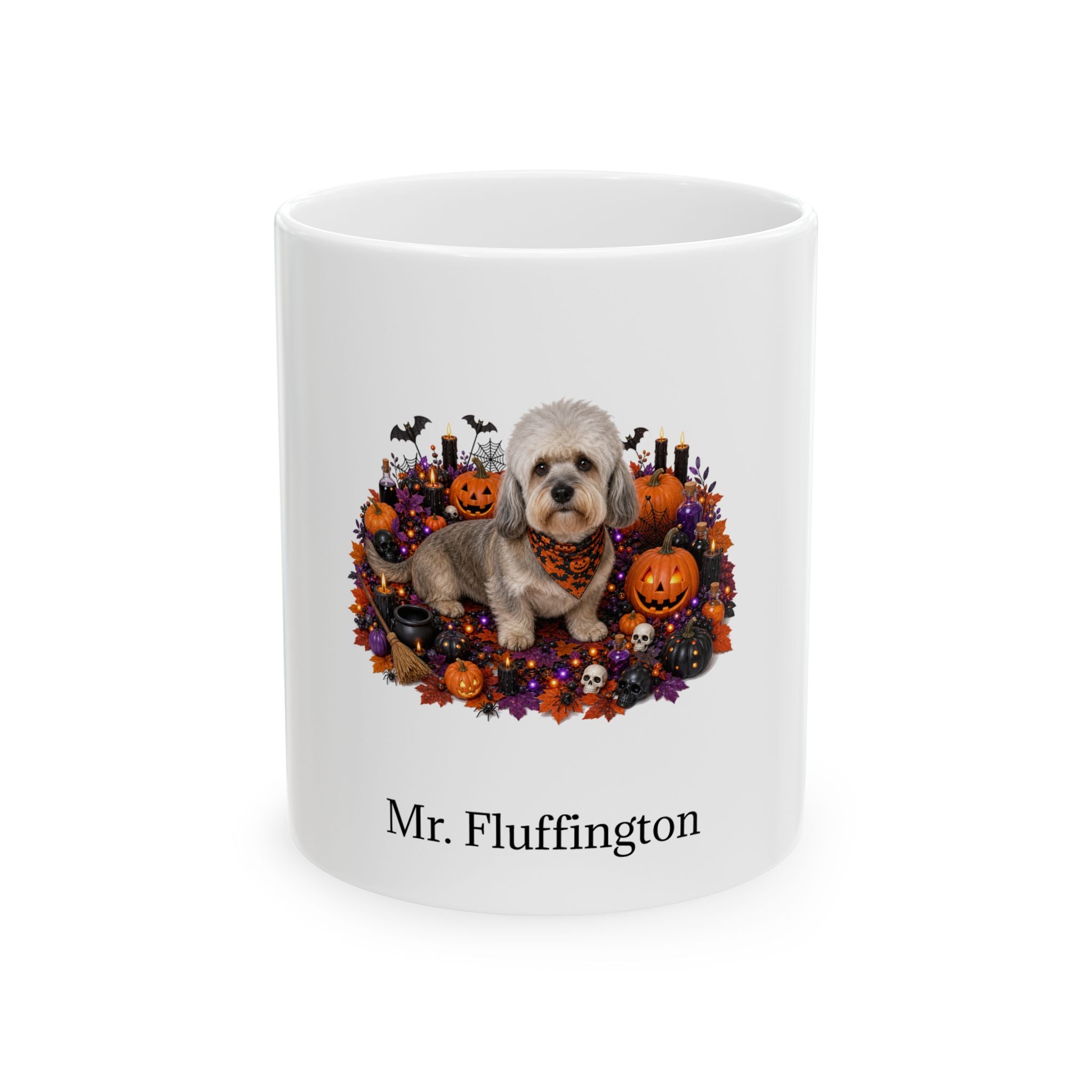 Personalized Dandie Dinmont Terrier dog Halloween mug, 15oz white ceramic, with custom pet name on front
