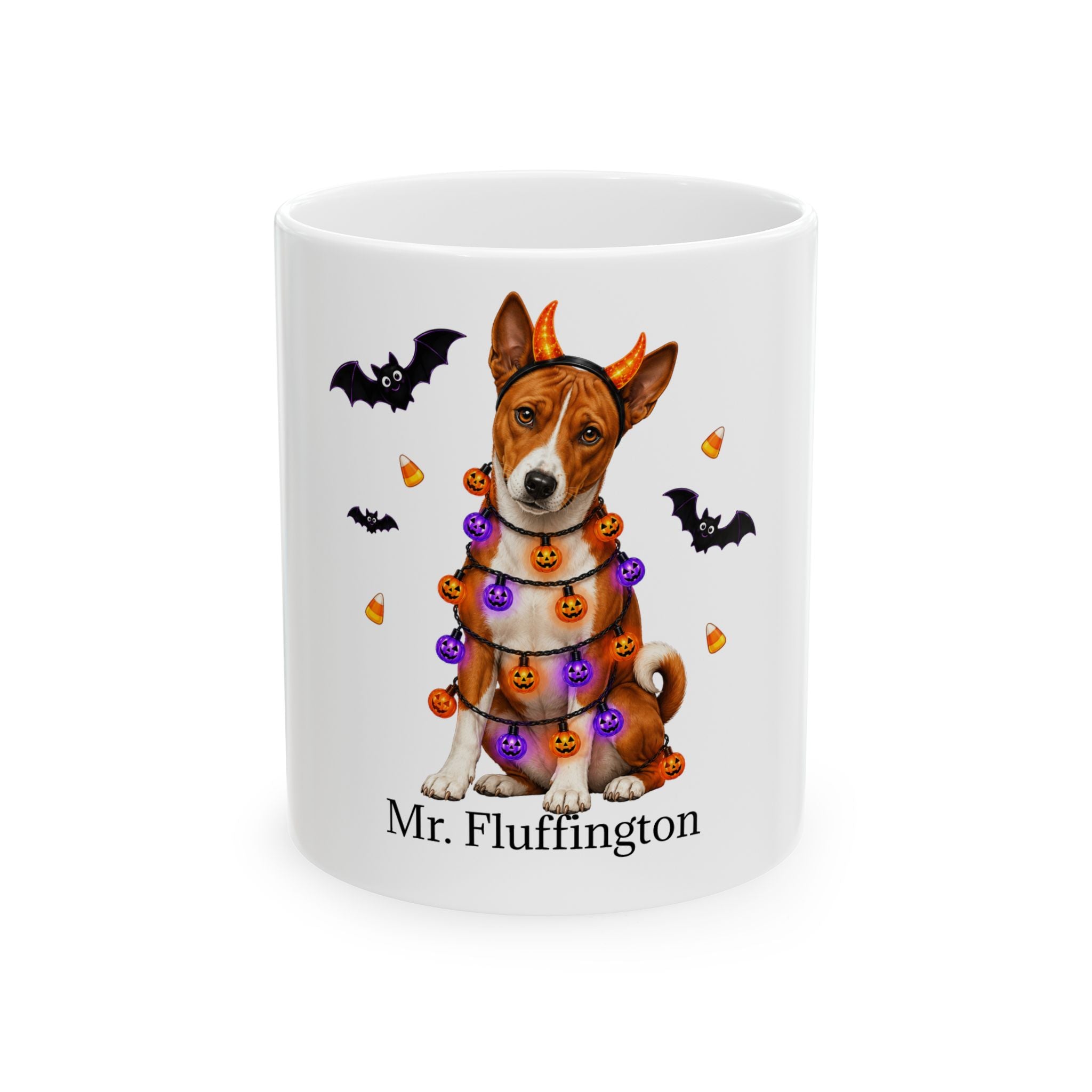 Personalized Basenji dog Halloween mug, 11oz white ceramic, with custom pet name on front