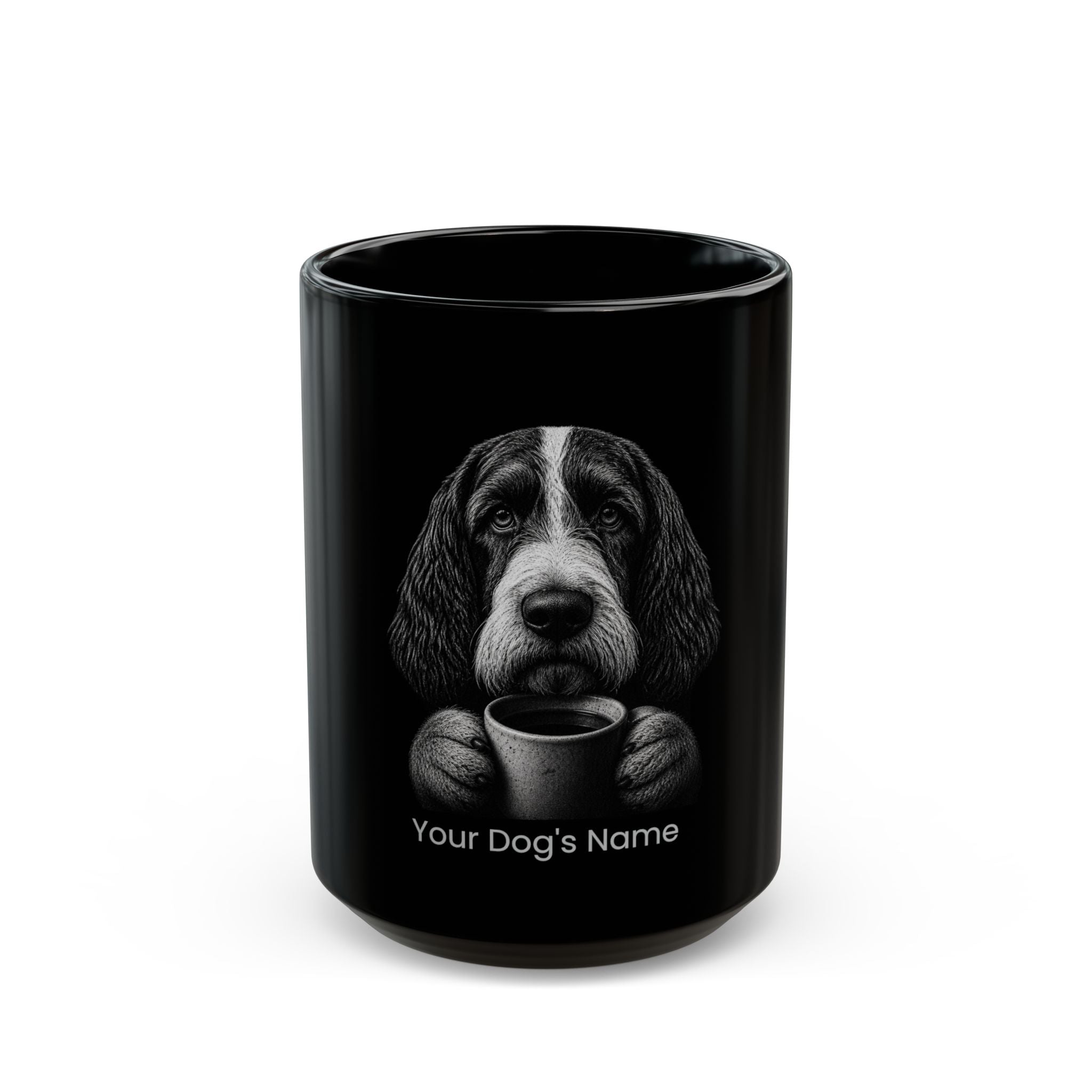 Personalized Grand Basset Griffon Vendéen black ceramic coffee mug with custom dog name