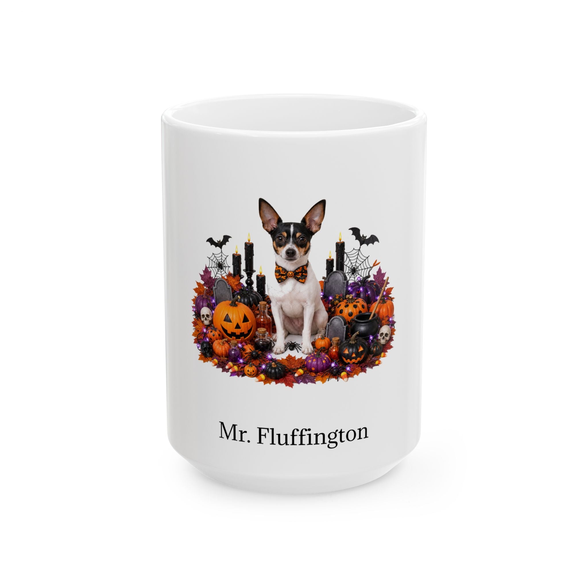 Personalized Toy Fox Terrier dog Halloween mug, 11oz white ceramic, with custom pet name on front