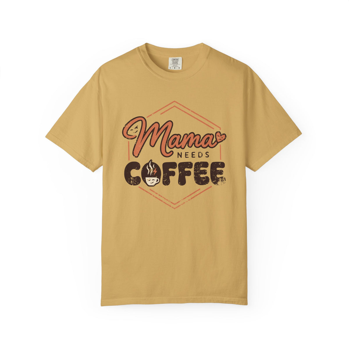 Front view of Mustard Comfort Colors T-shirt with distressed Mama Needs Coffee artwork.