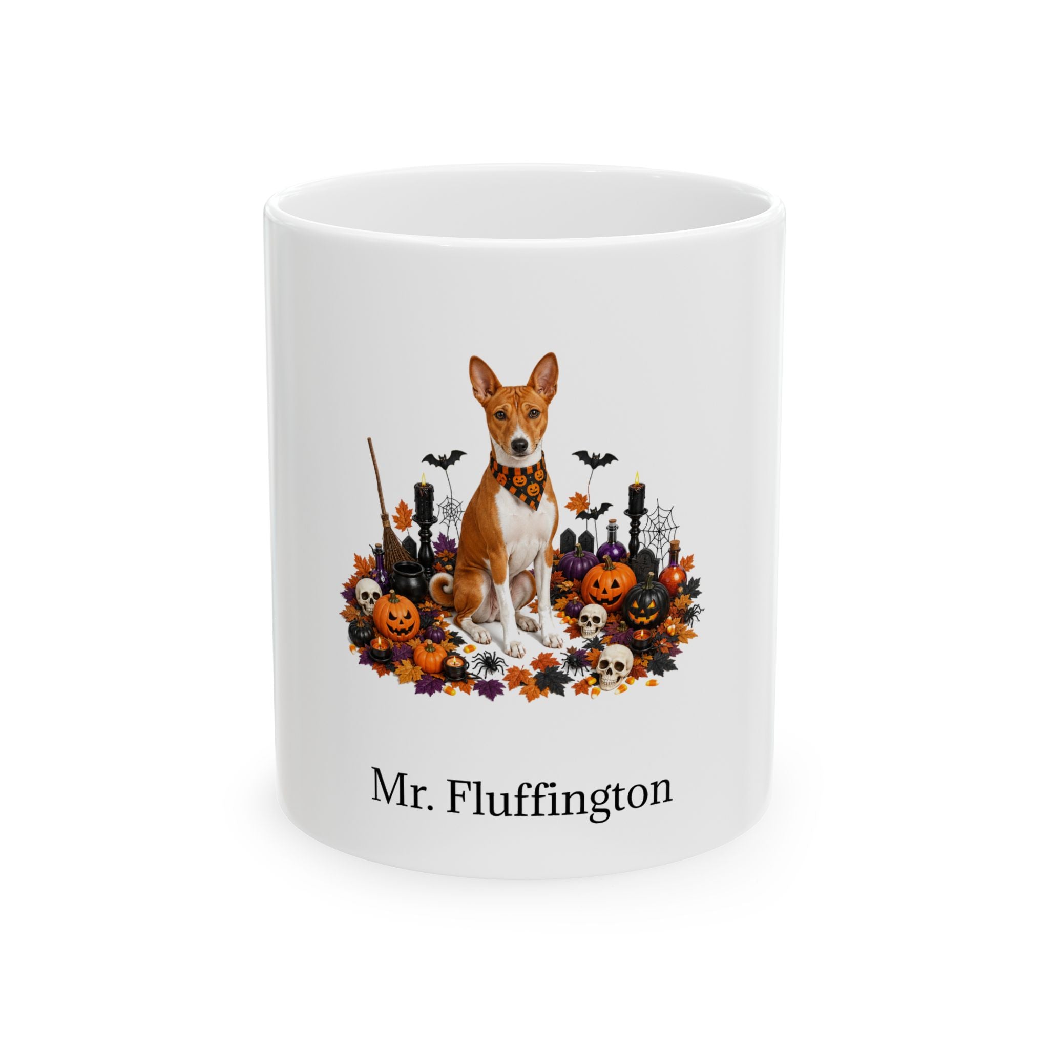 Personalized Basenji dog Halloween mug, 11oz white ceramic, with custom pet name on front