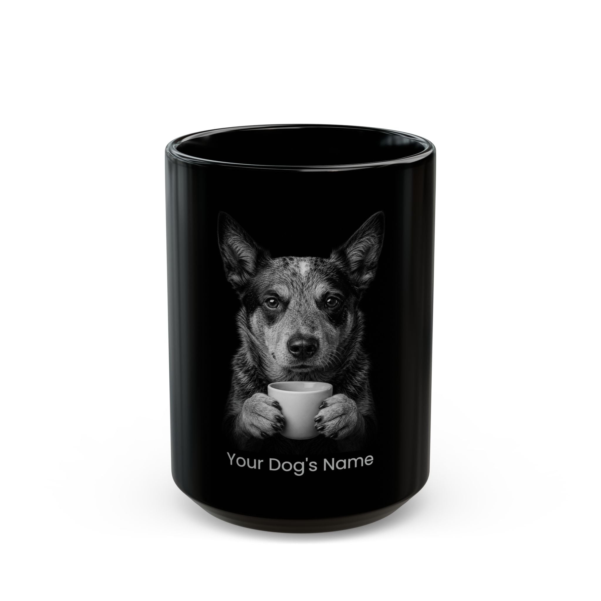 Personalized Texas Heeler black ceramic coffee mug with custom dog name