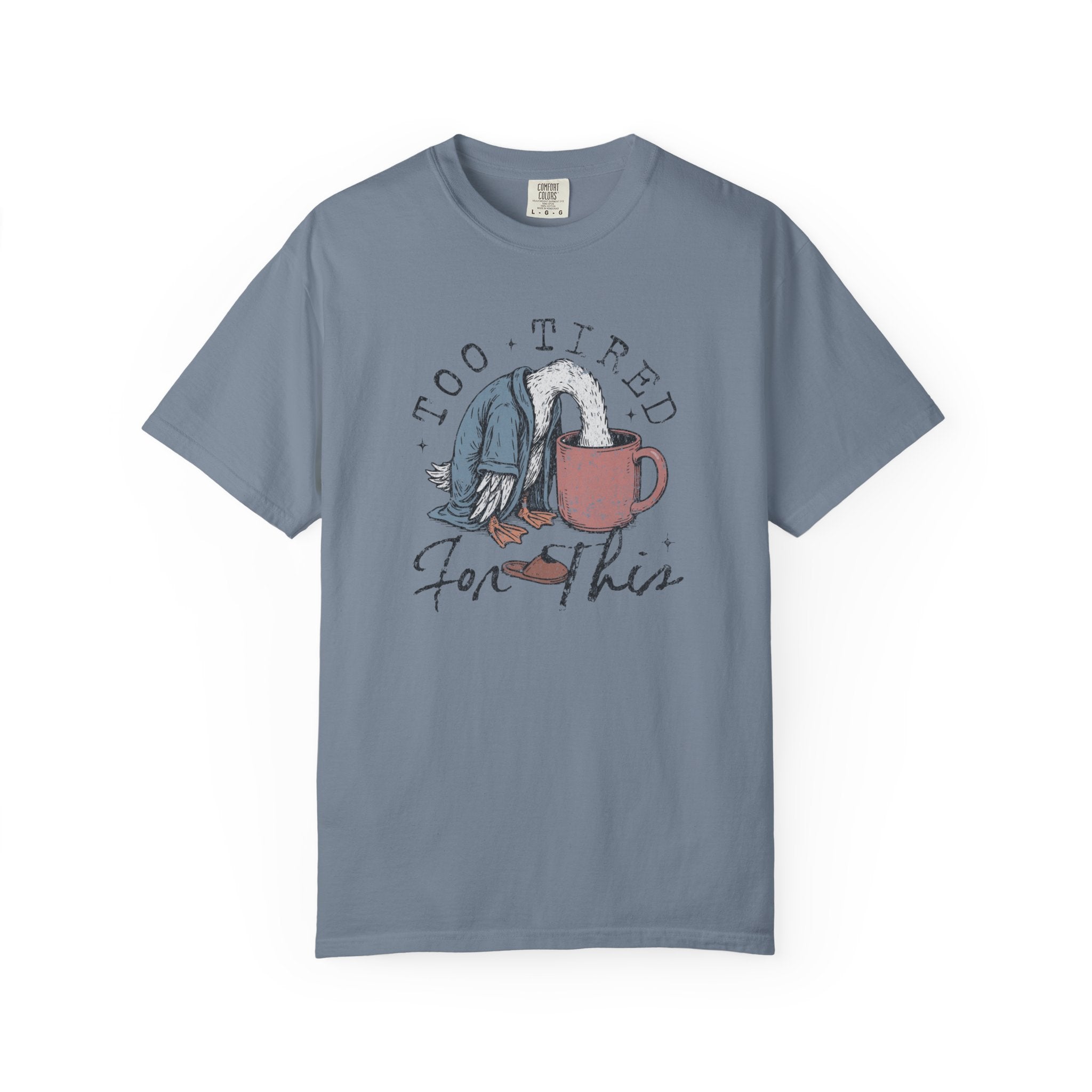 Blue-grey unisex t-shirt featuring a graphic of a duck with its head in a coffee mug.