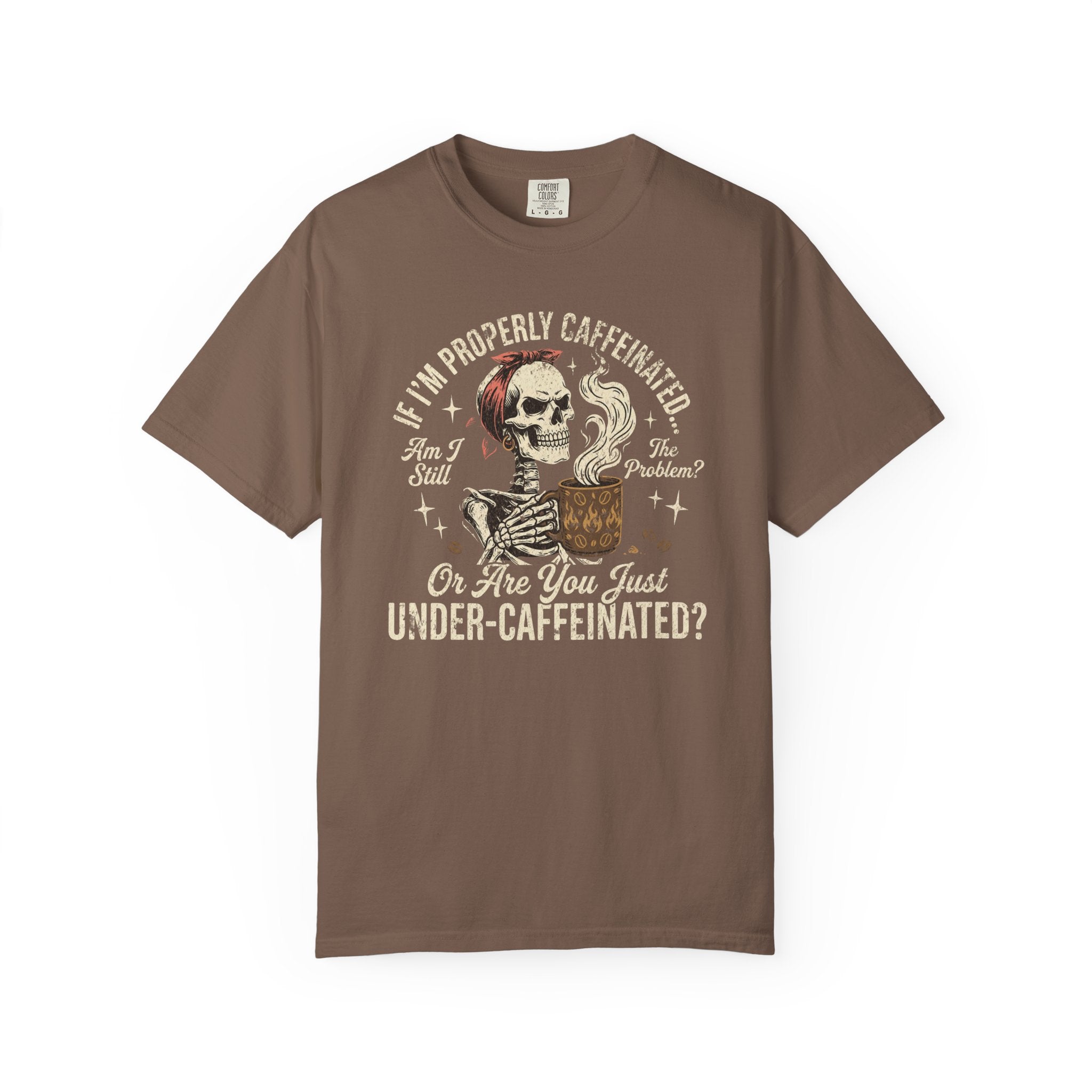 Brown t-shirt featuring a graphic of a skeleton wearing a red bandana and holding a coffee mug.