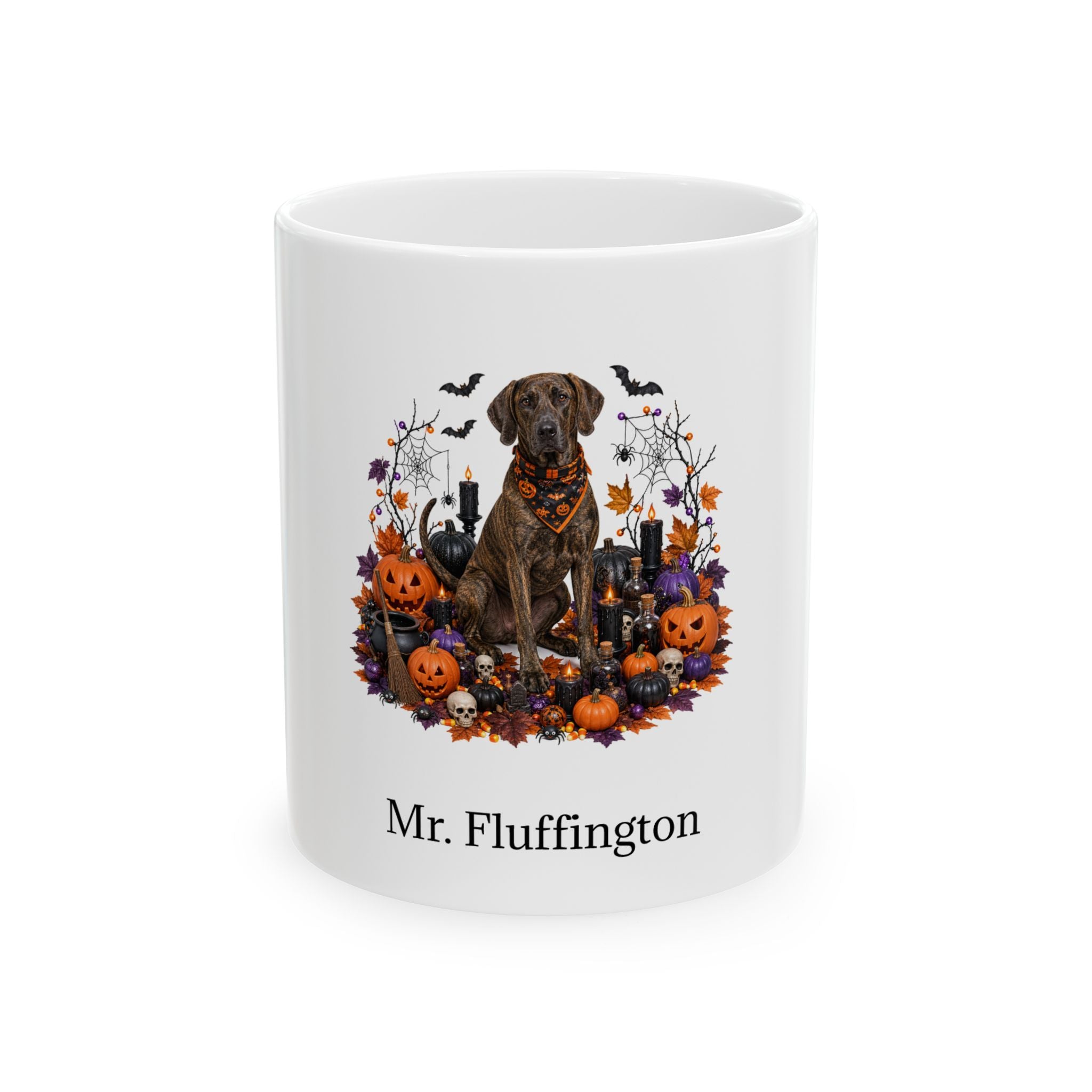 Personalized Plott Hound dog Halloween mug, 11oz white ceramic, with custom pet name on front