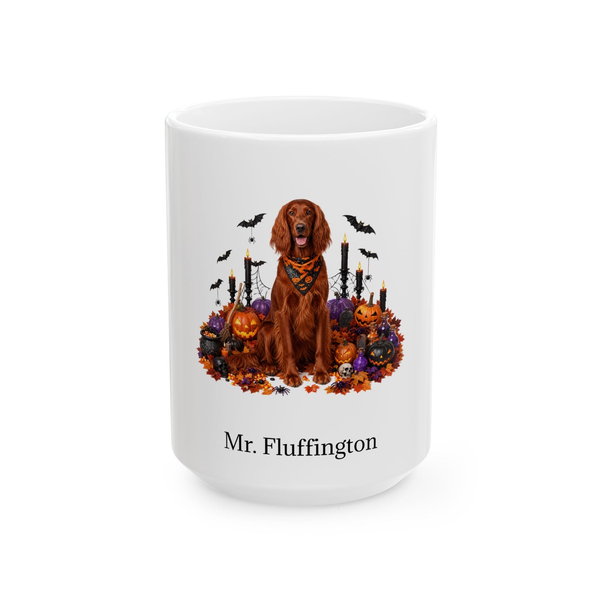 Personalized Irish Setter dog Halloween mug, 15oz white ceramic, with custom pet name on front