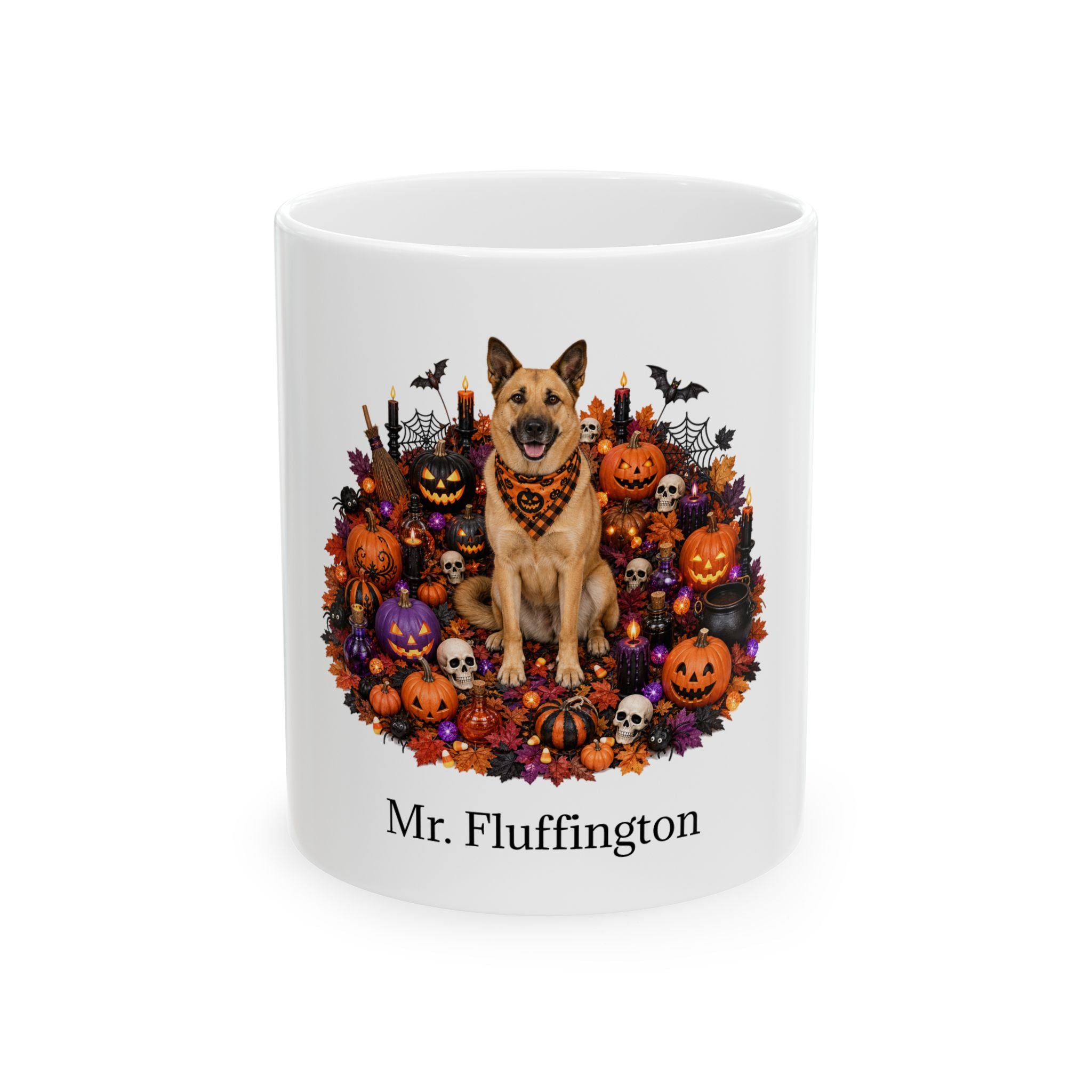 Personalized Chinook Halloween mug with custom dog name, front product view