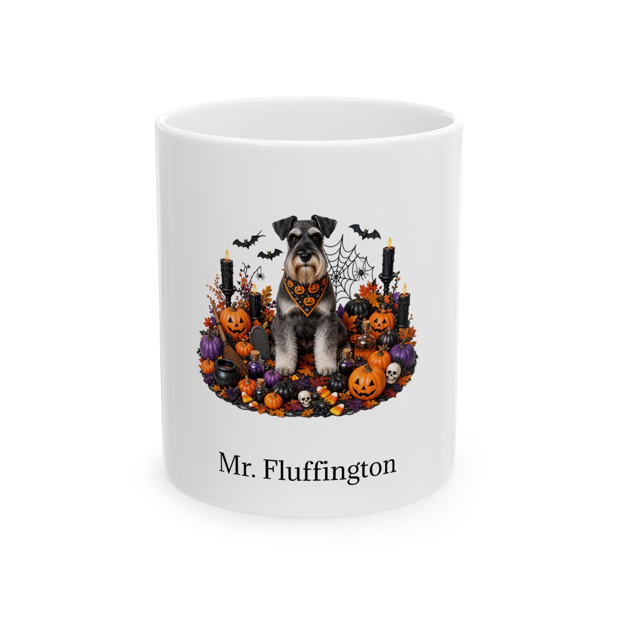 Personalized Standard Schnauzer dog Halloween mug, 11oz white ceramic, with custom pet name on front