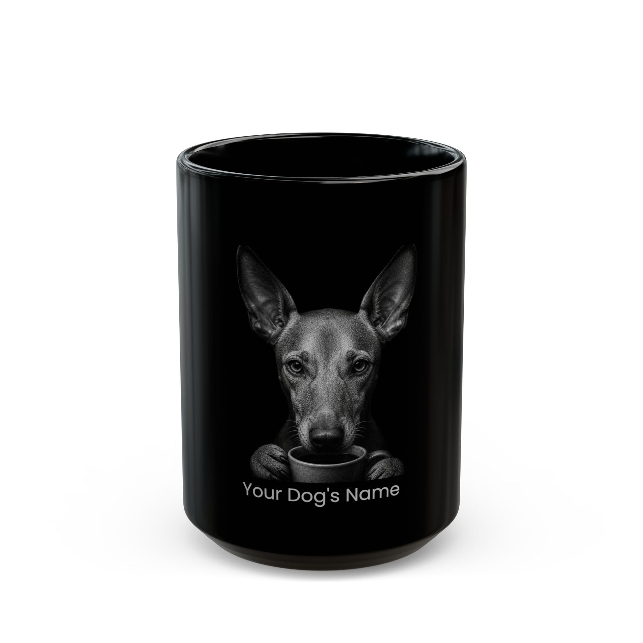 Personalized Cirnechi dell Etna black ceramic coffee mug with custom dog name
