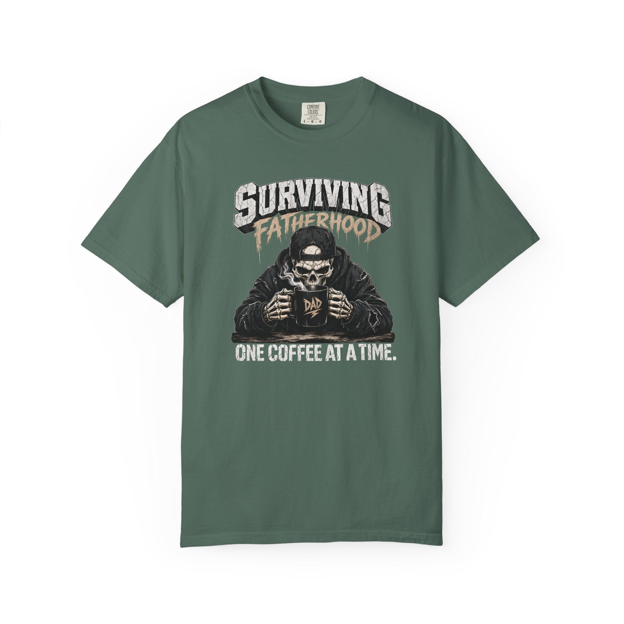 Green Comfort Colors unisex t-shirt with a skeleton graphic drinking coffee and text.