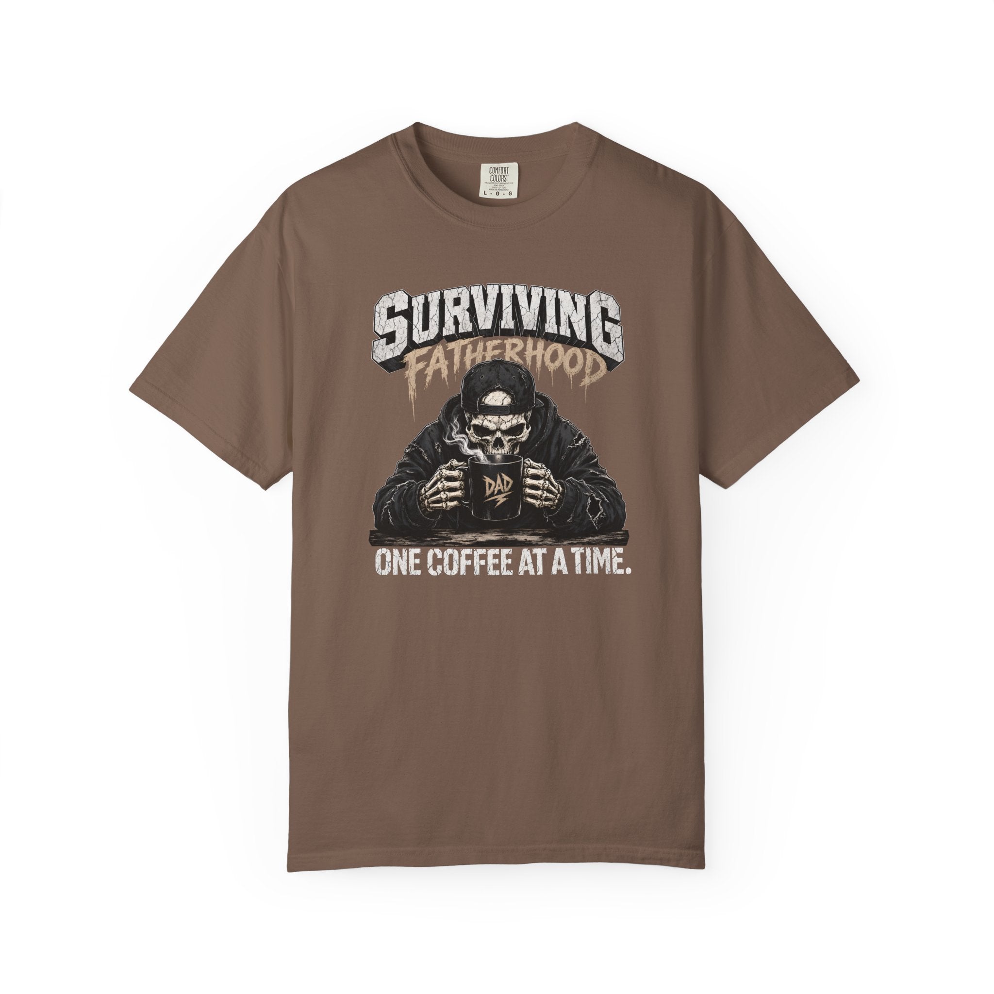 Brown Comfort Colors unisex t-shirt with a skeleton graphic drinking coffee, Surviving Fatherhood.