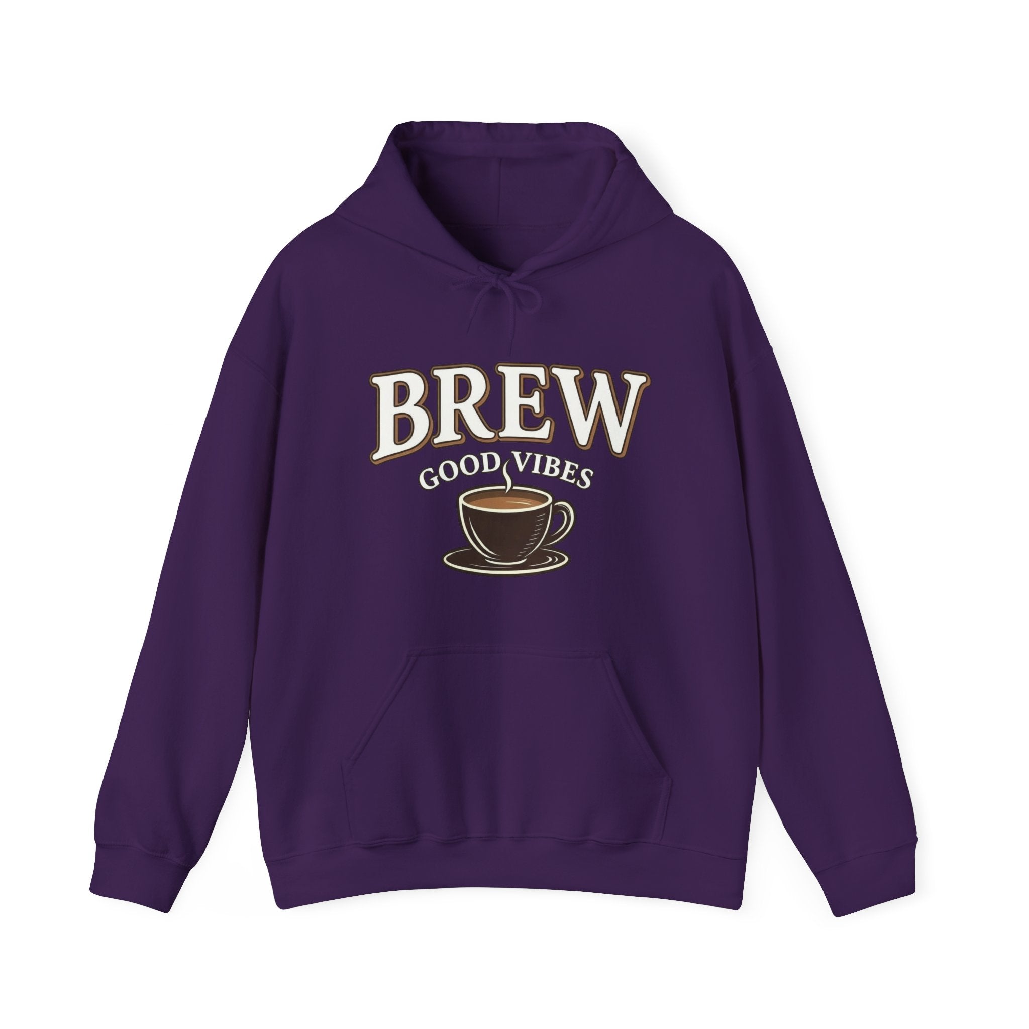 Purple hoodie with "BREW GOOD VIBES" text and a coffee cup graphic.