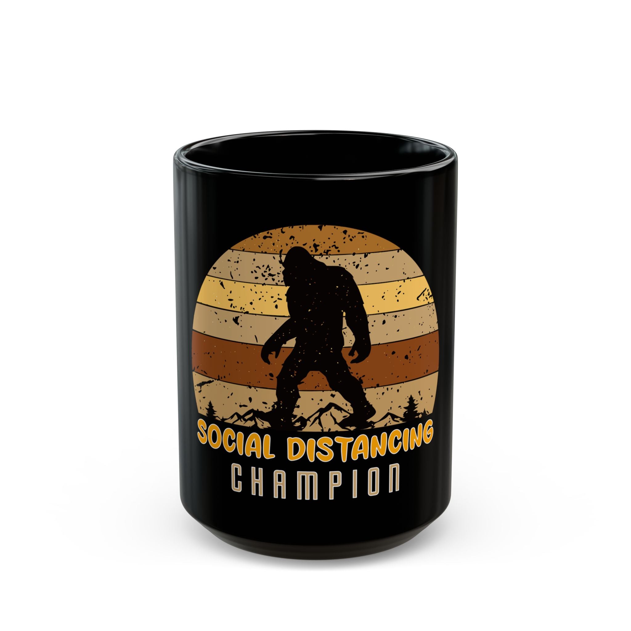 Black coffee mug featuring a retro Bigfoot silhouette and the text Social Distancing Champion.