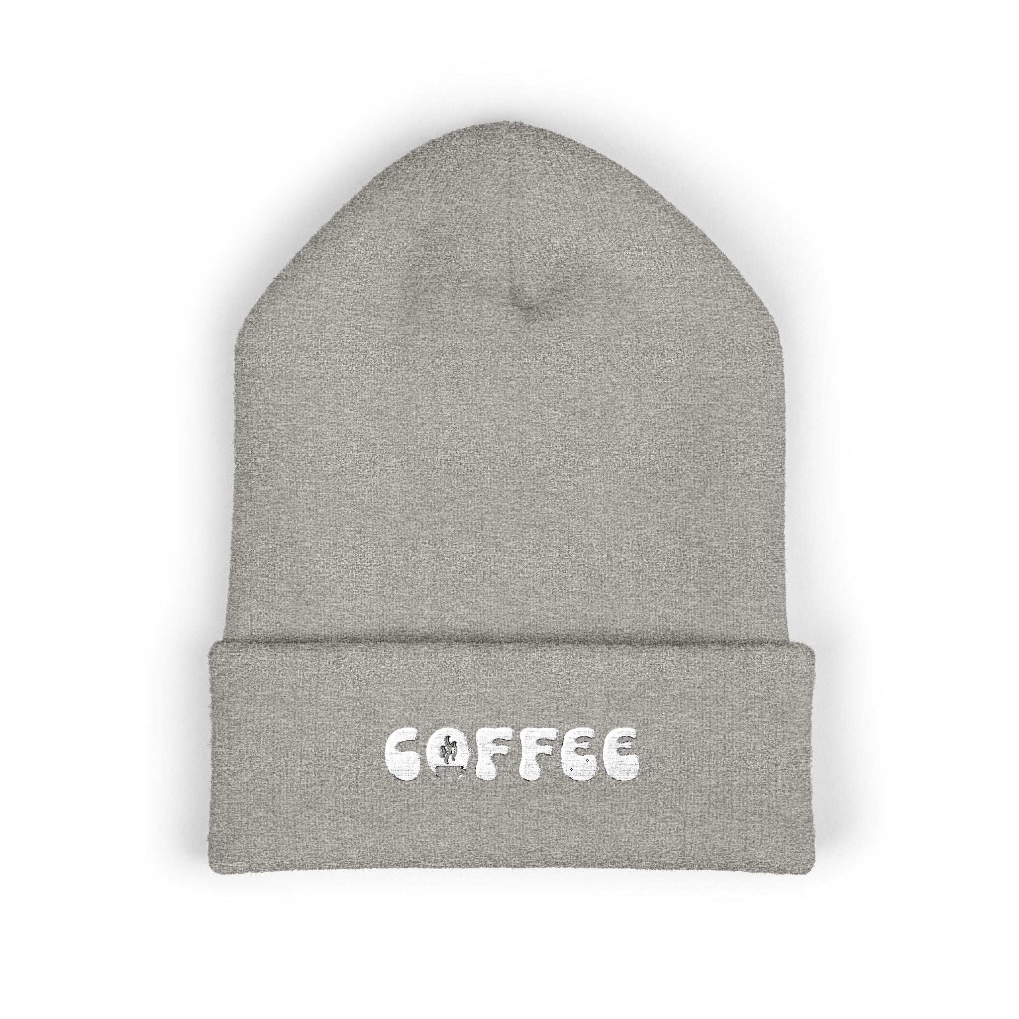 Gray cuffed knit beanie with embroidered "COFFEE" text.