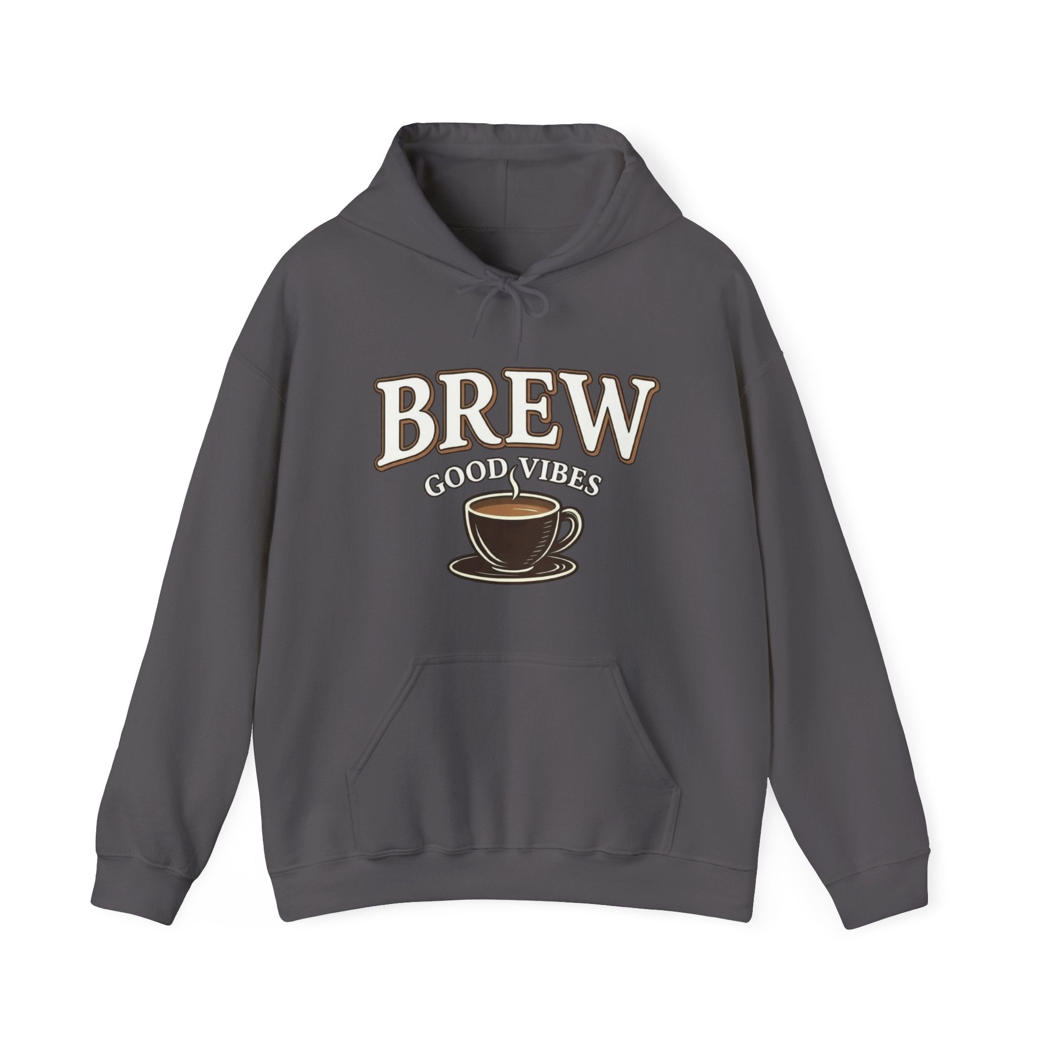 A dark gray hoodie with "BREW GOOD VIBES" and a coffee cup graphic.