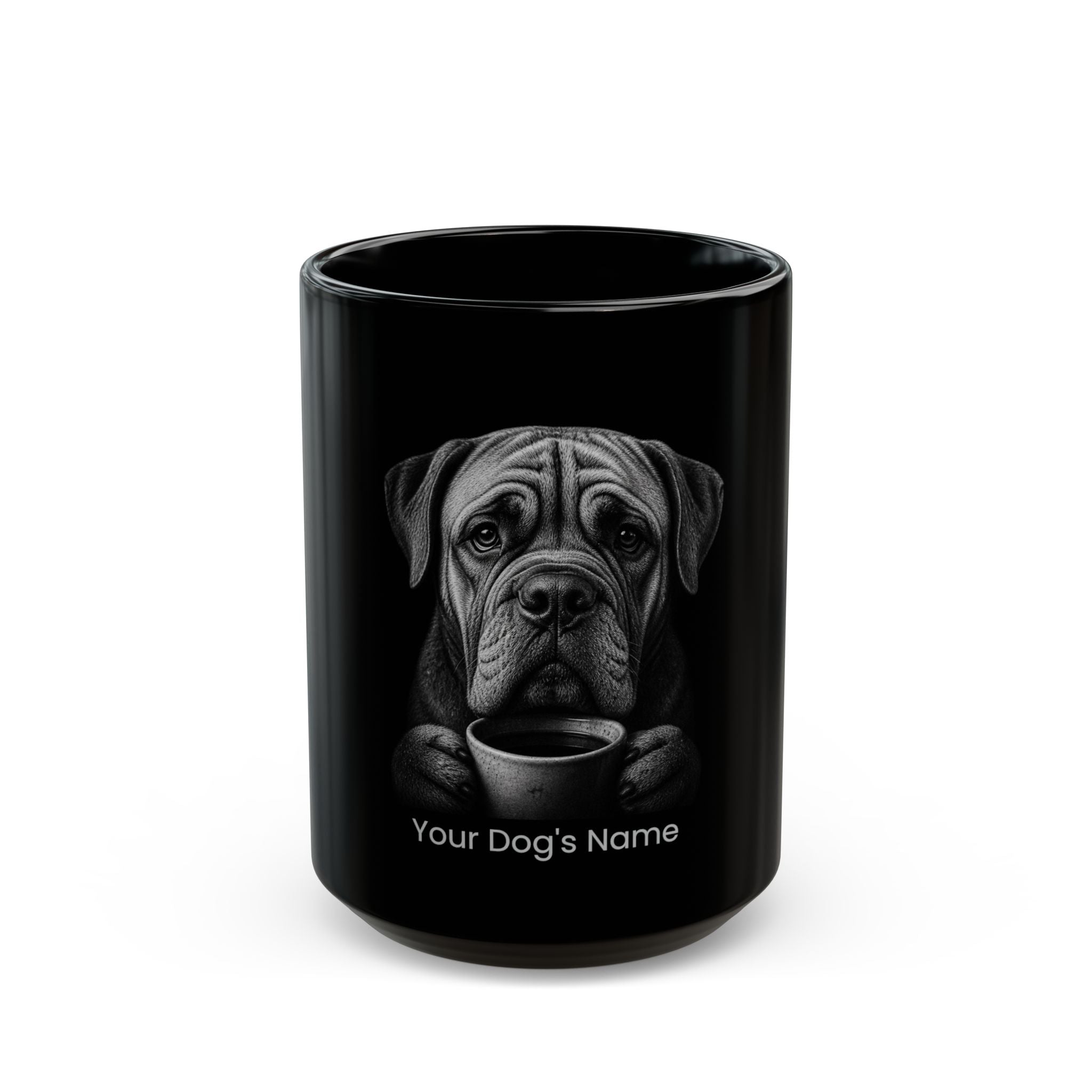 Personalized Mastiff black ceramic coffee mug with custom dog name