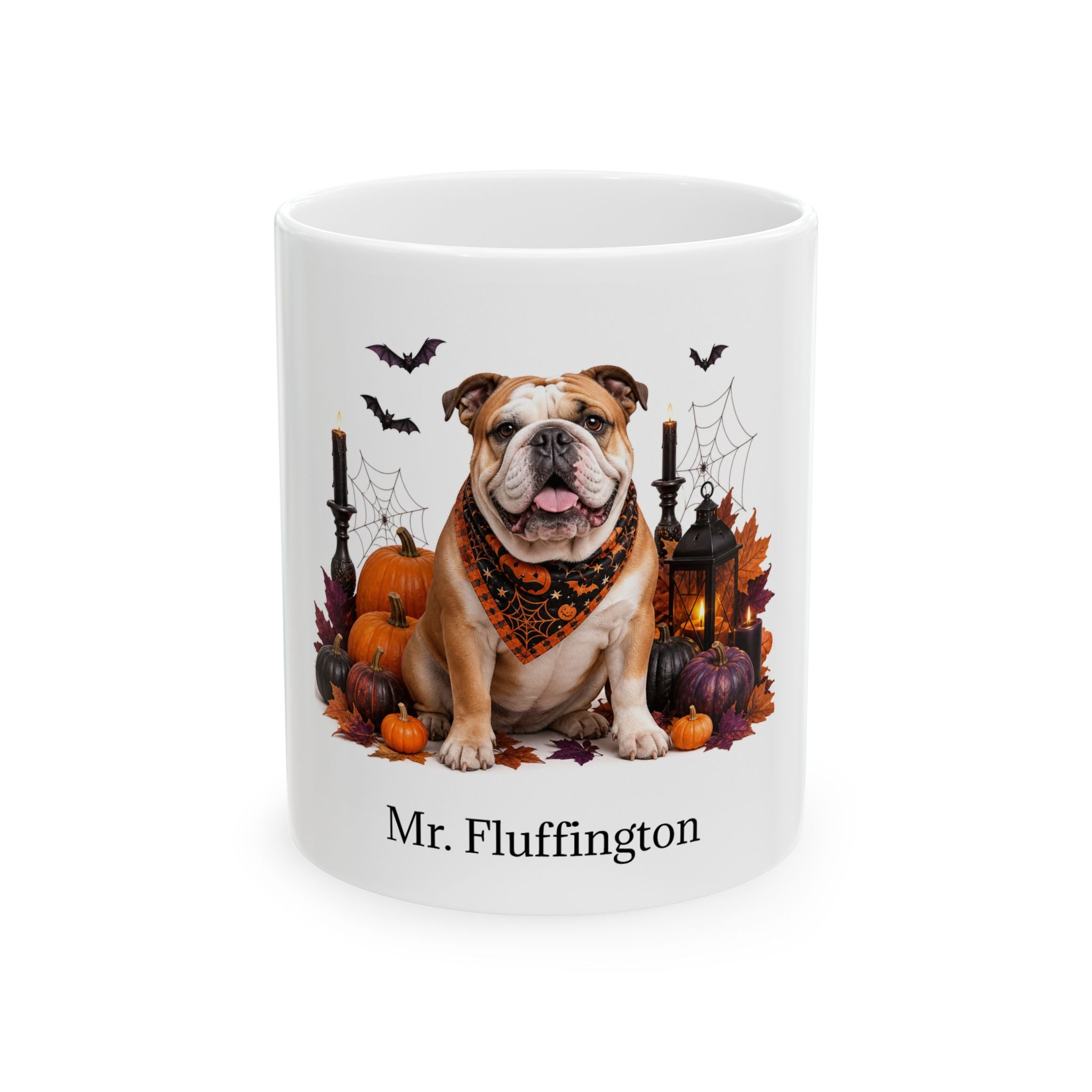 Personalized Bulldog Halloween mug with custom dog name, front product view