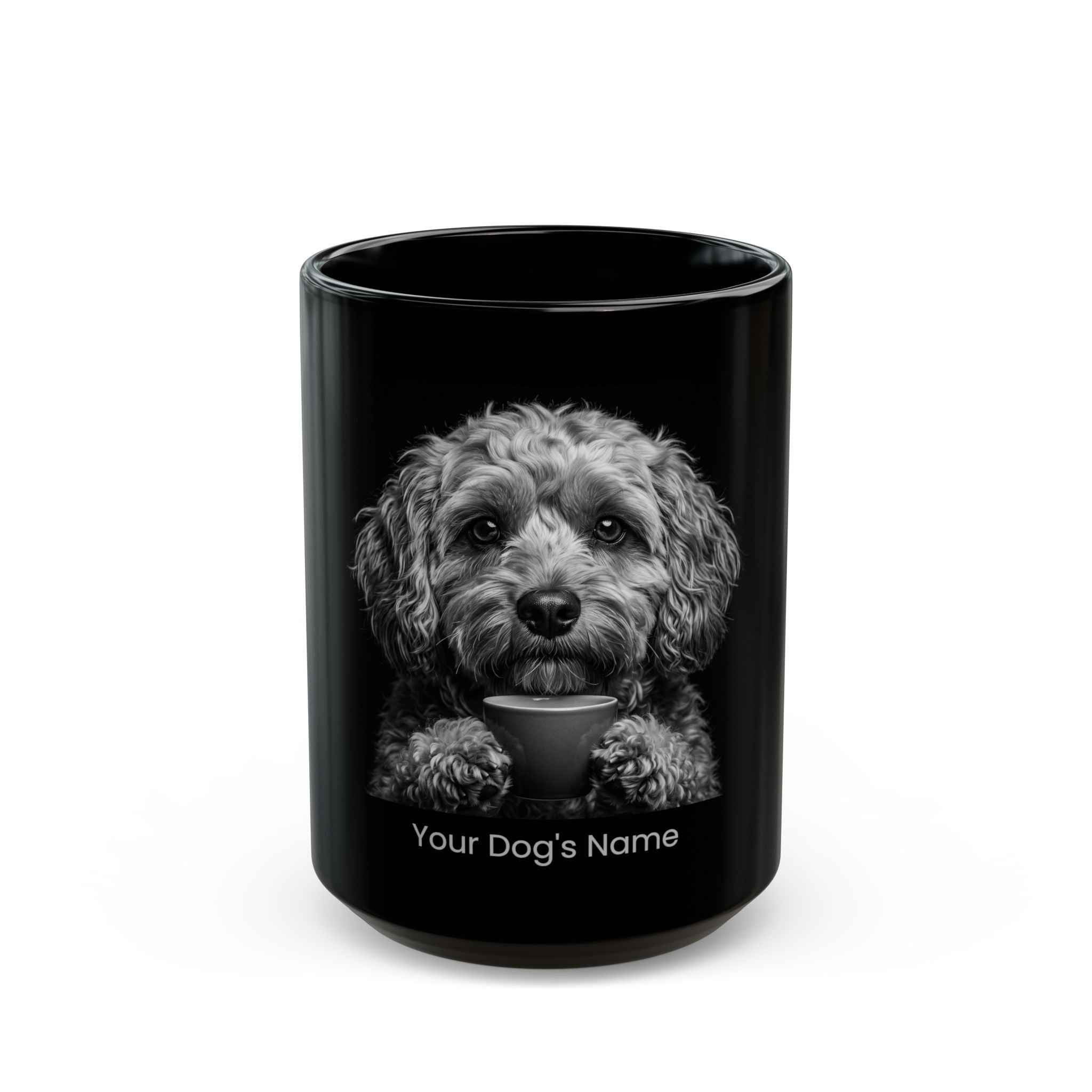 Personalized Cavapoo black ceramic coffee mug with custom dog name