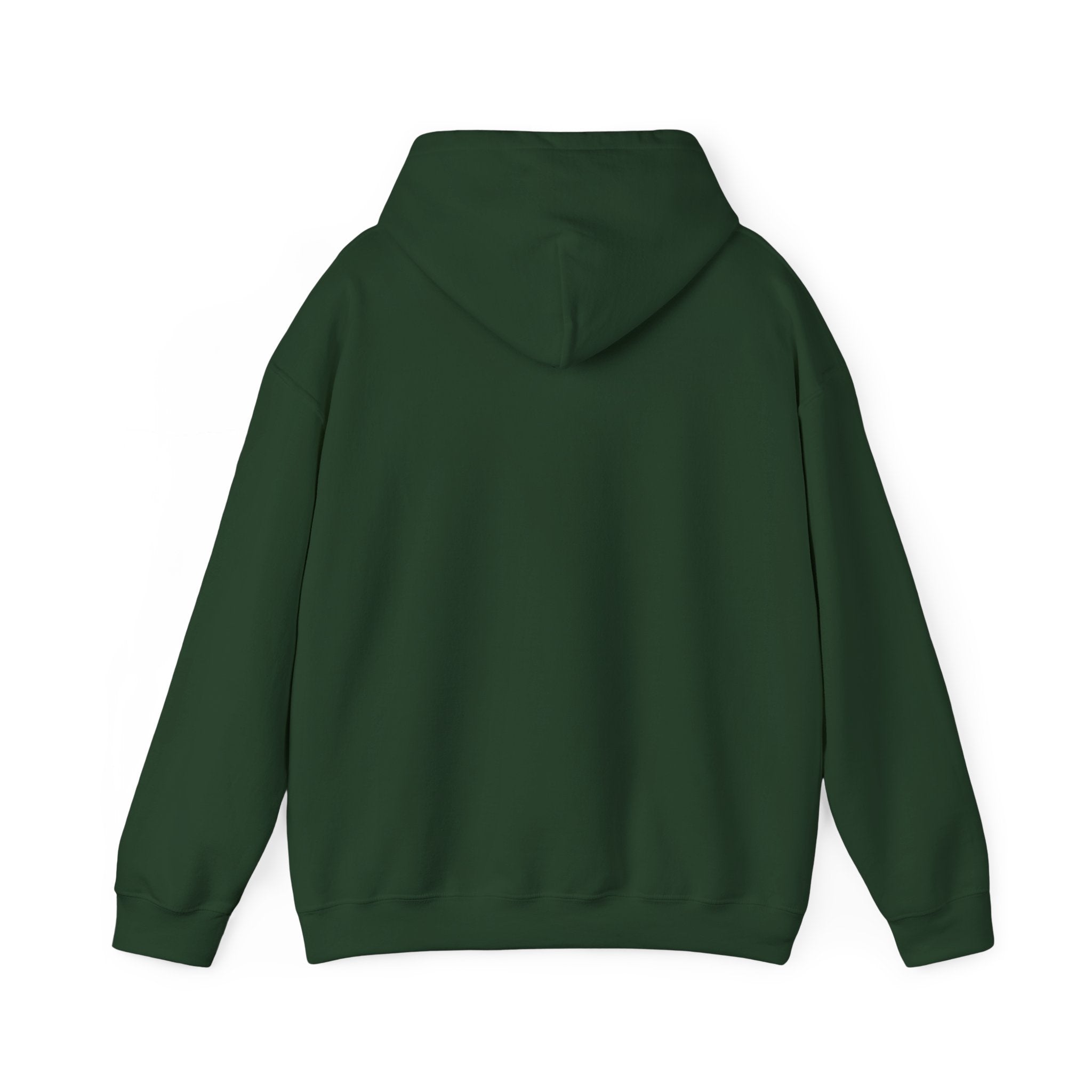 Dark green hoodie, back view.