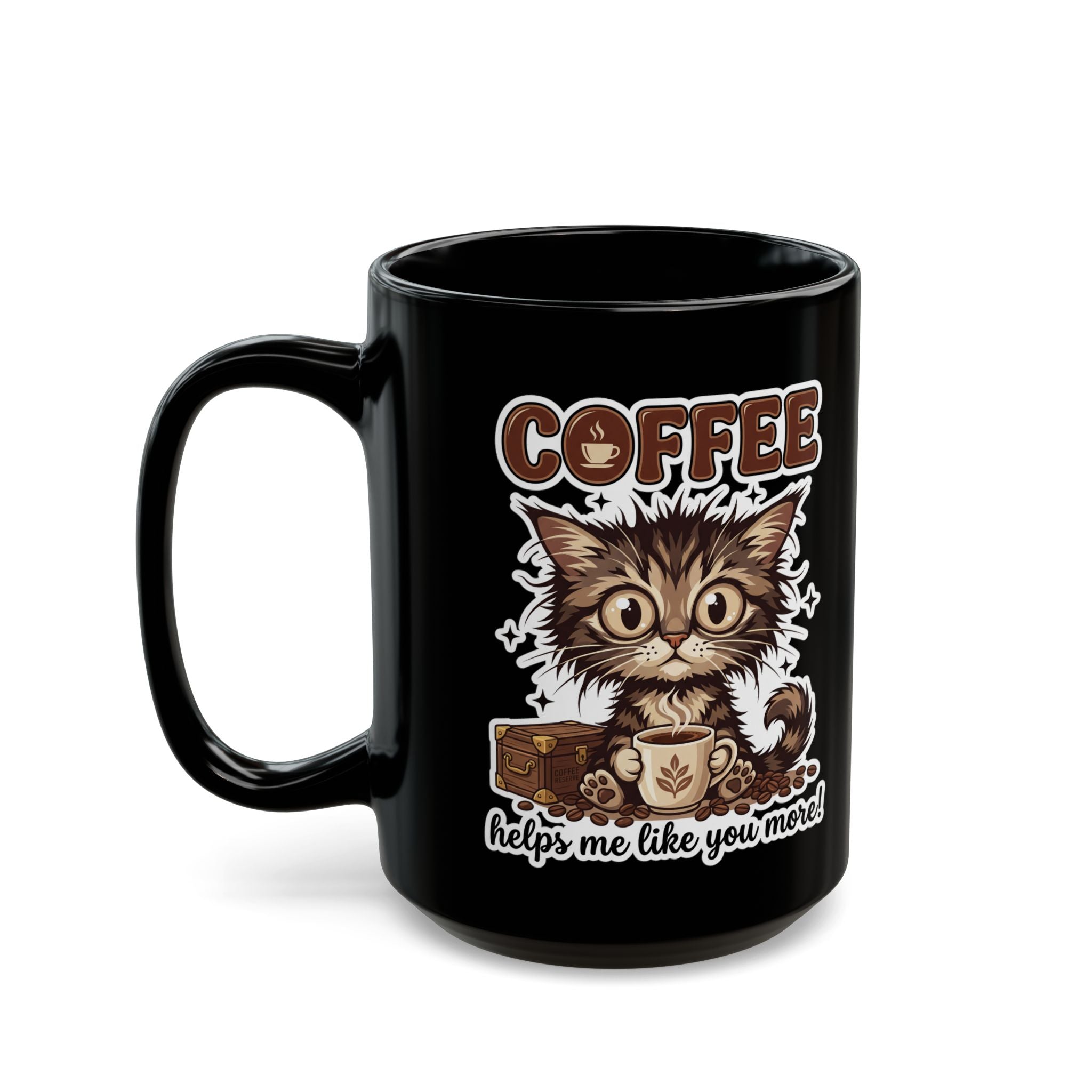 Black ceramic mug featuring a cute kitten holding a coffee cup with the text Coffee helps me like you