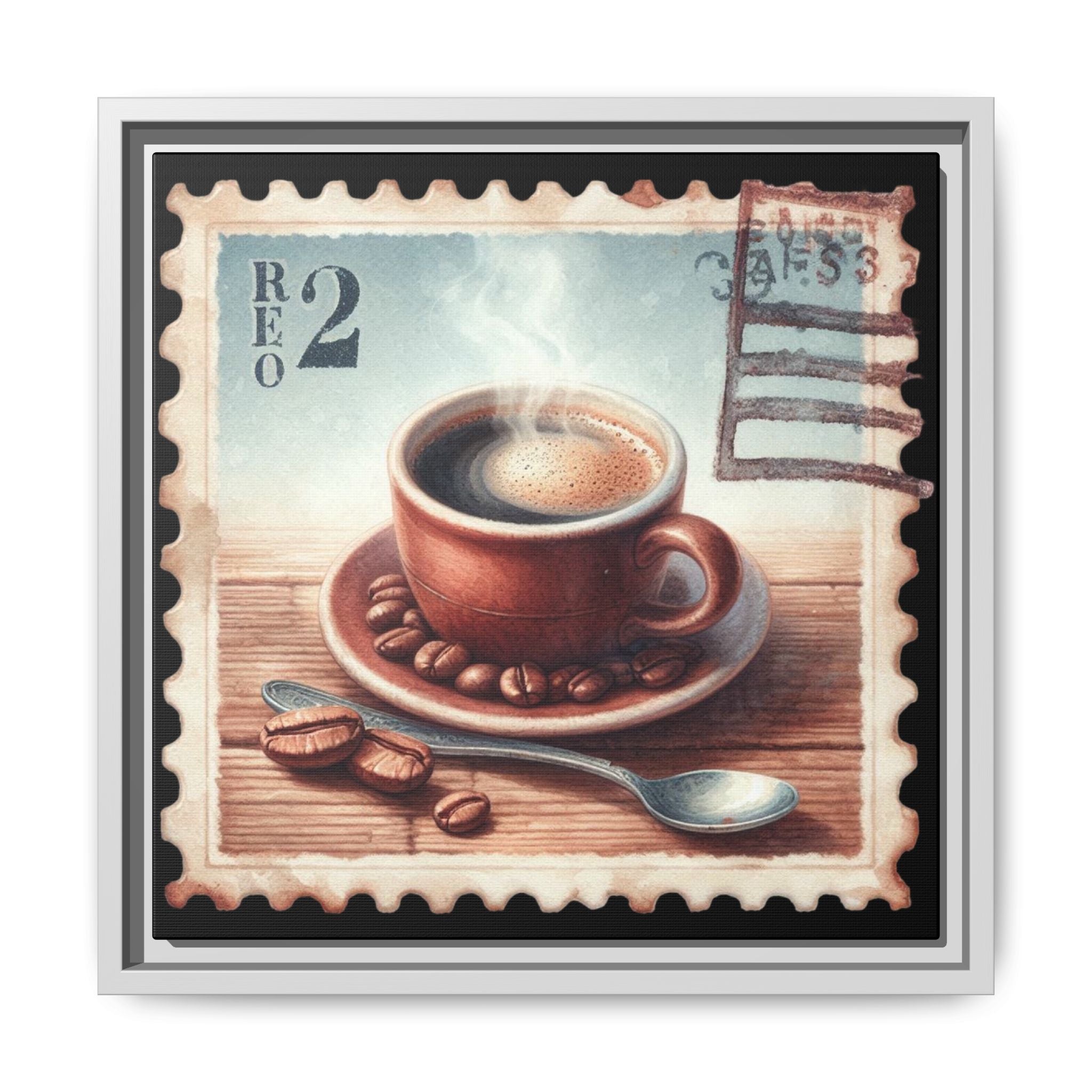 Vintage Coffee Stamp Framed Canvas Art | 14x14 Kitchen Wall Decor