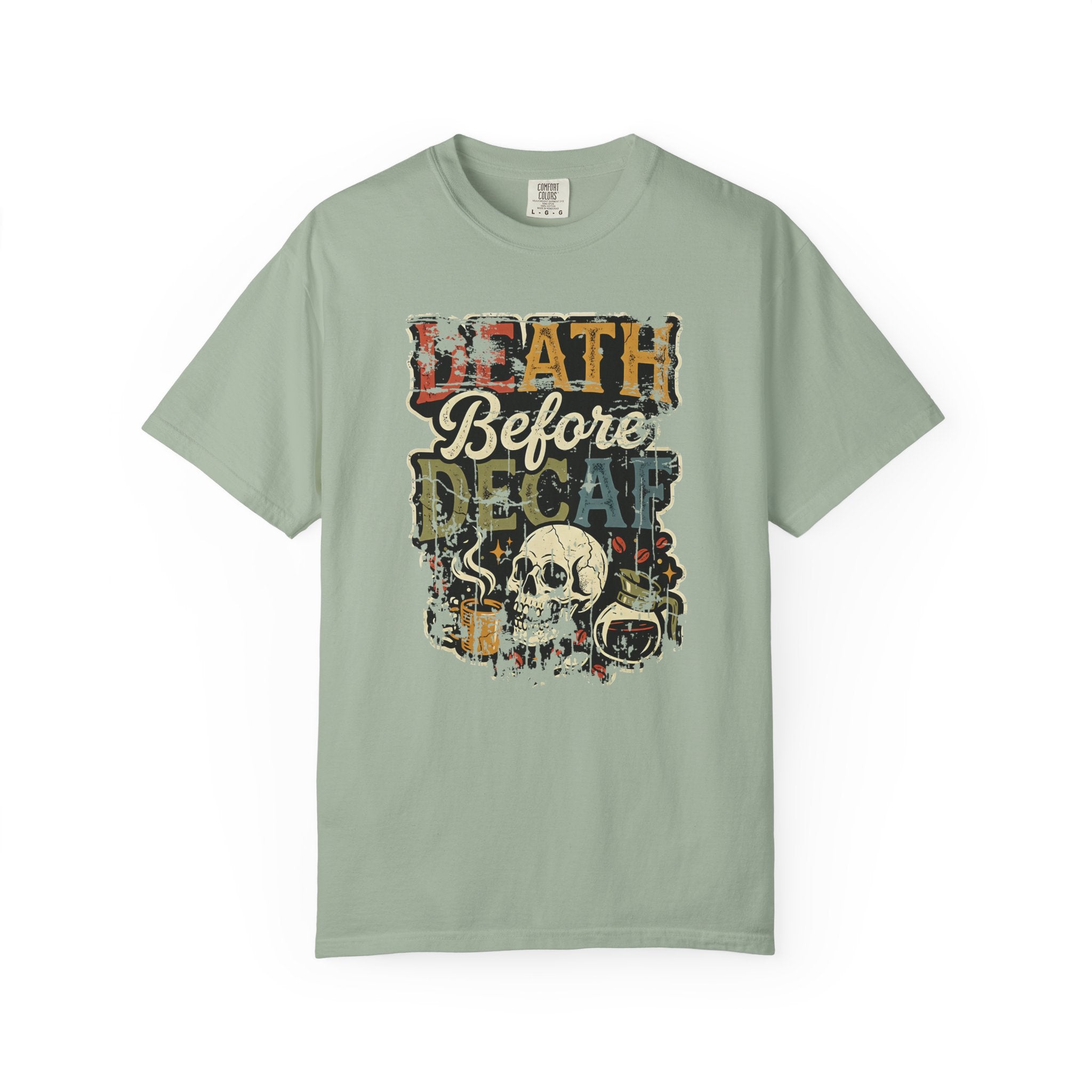 Sage green unisex t-shirt with a distressed graphic of a skull, coffee mug, and coffee pot.