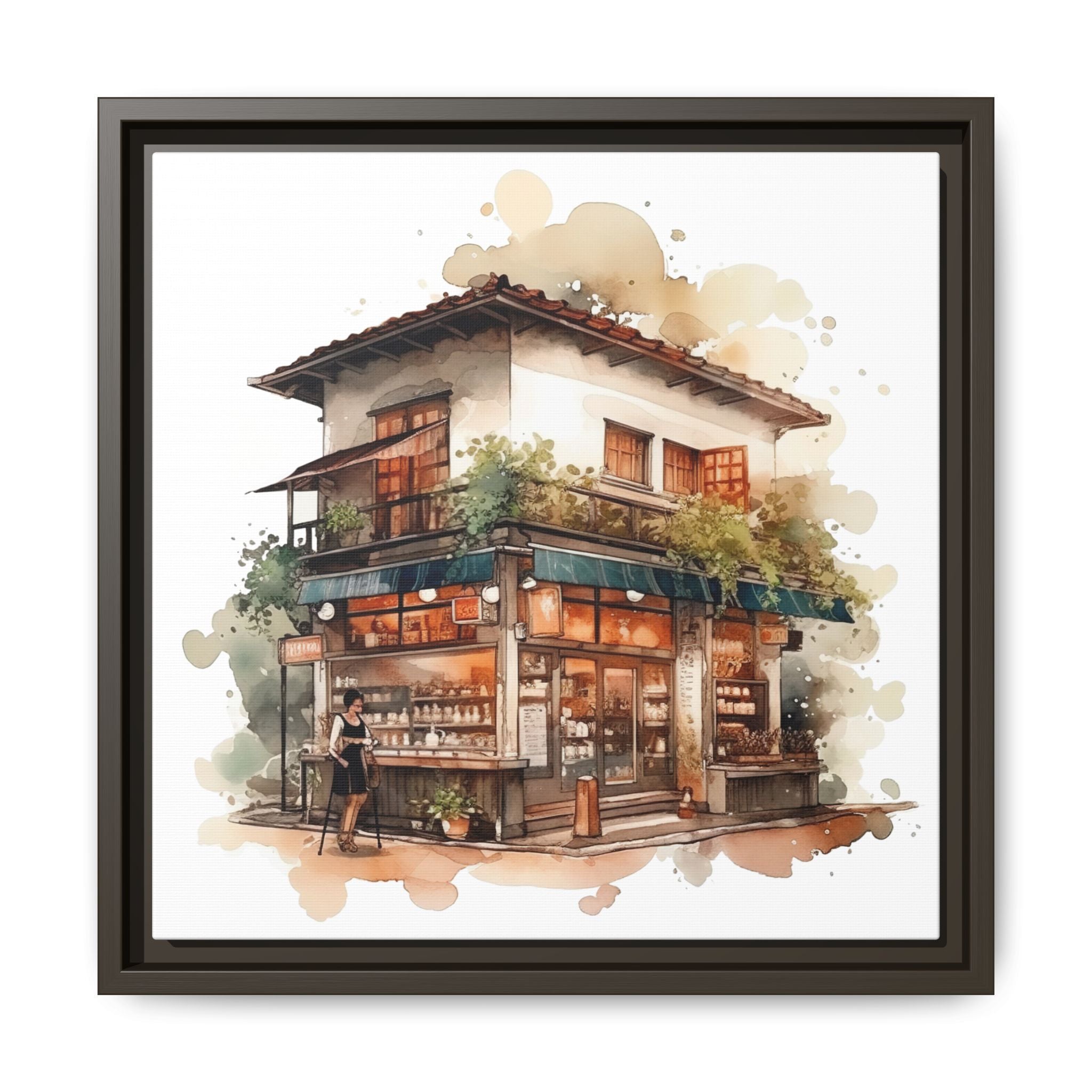 Cozy Corner Cafe Watercolor Art | 14x14 Framed Matte Canvas Wall Decor