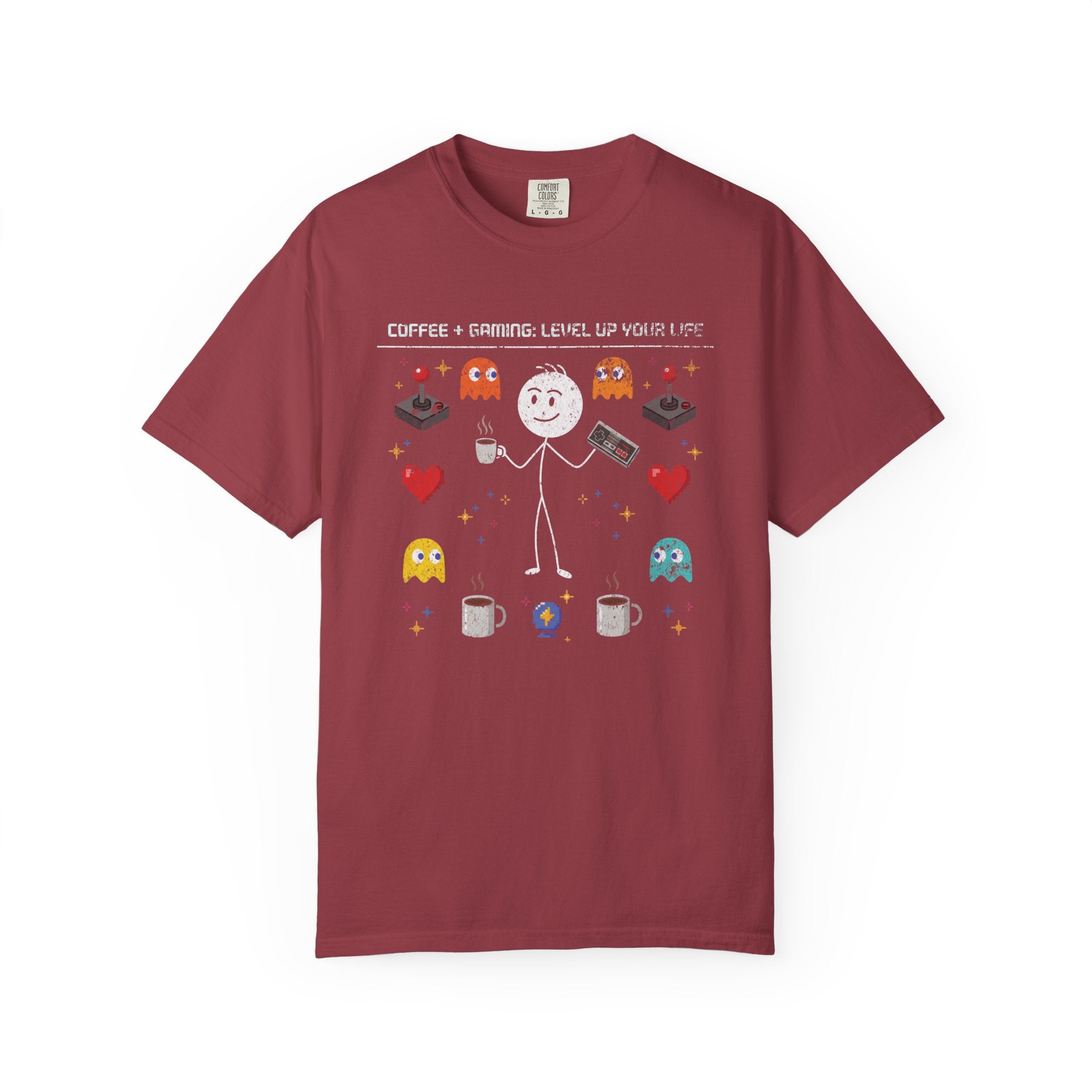 A maroon unisex cotton t-shirt featuring a distressed graphic of a stick figure with coffee and games