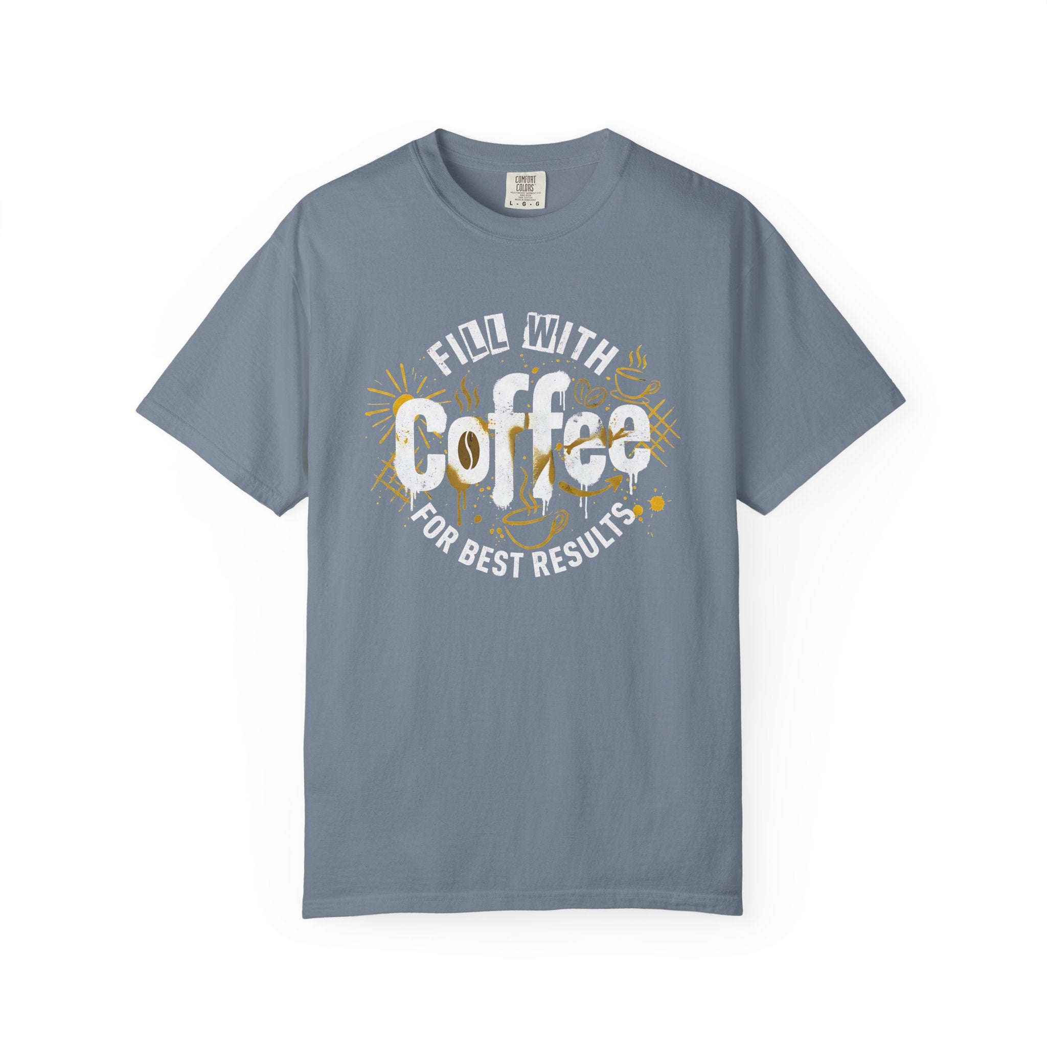 A blue garment-dyed cotton t-shirt featuring a retro coffee-themed graphic on the chest.